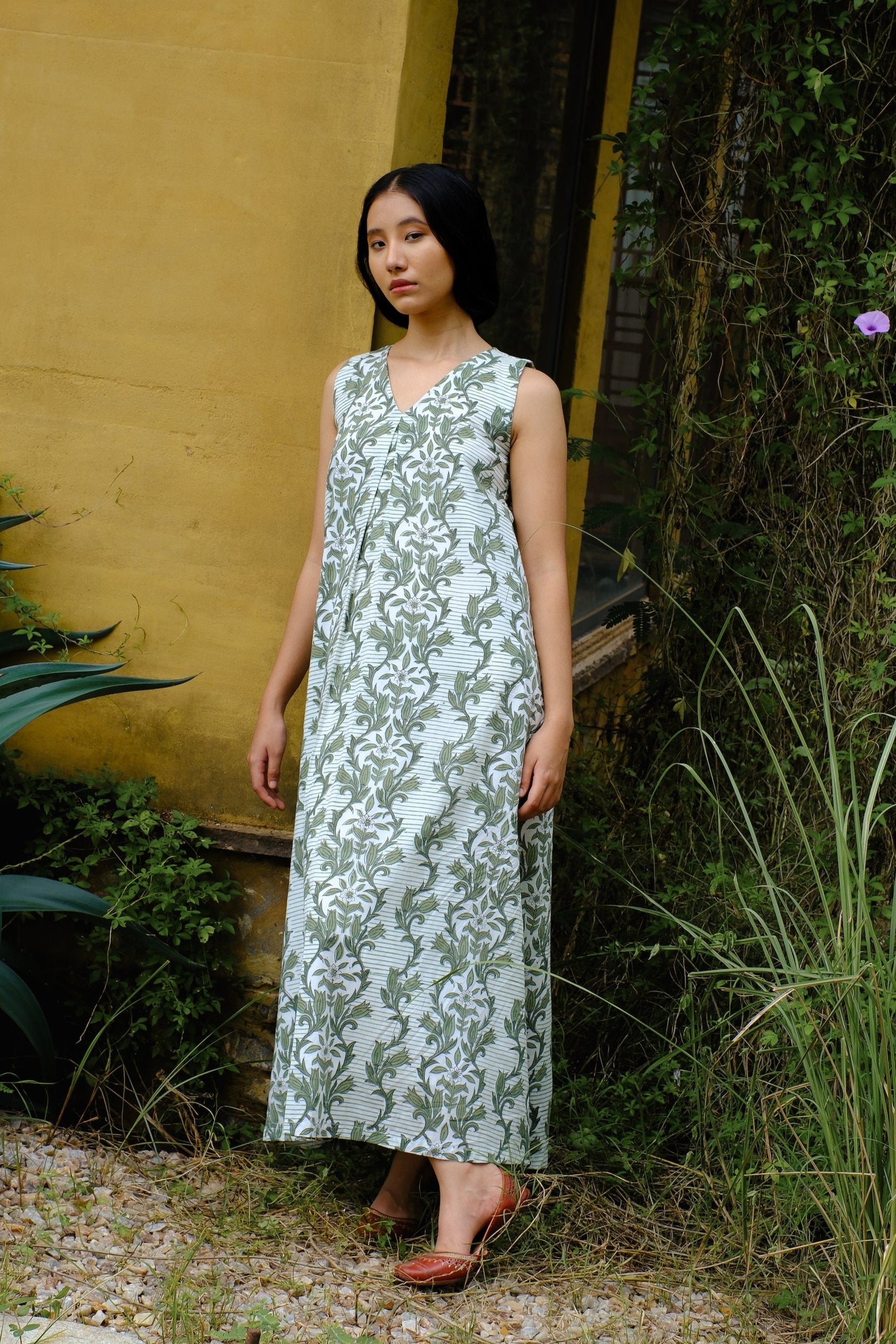 A-line white & green floral summer dress