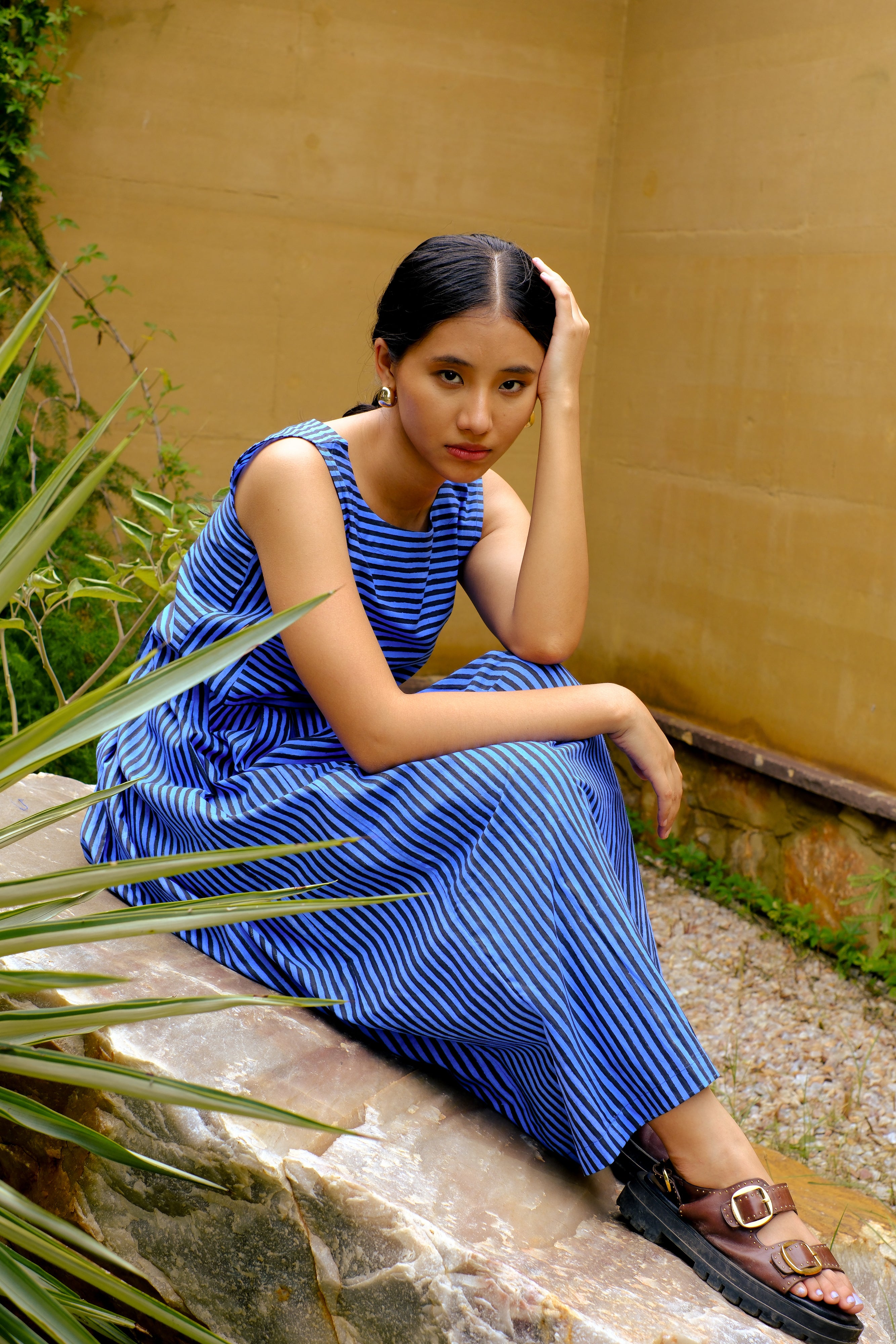 Blue & black stripes midi cotton dress