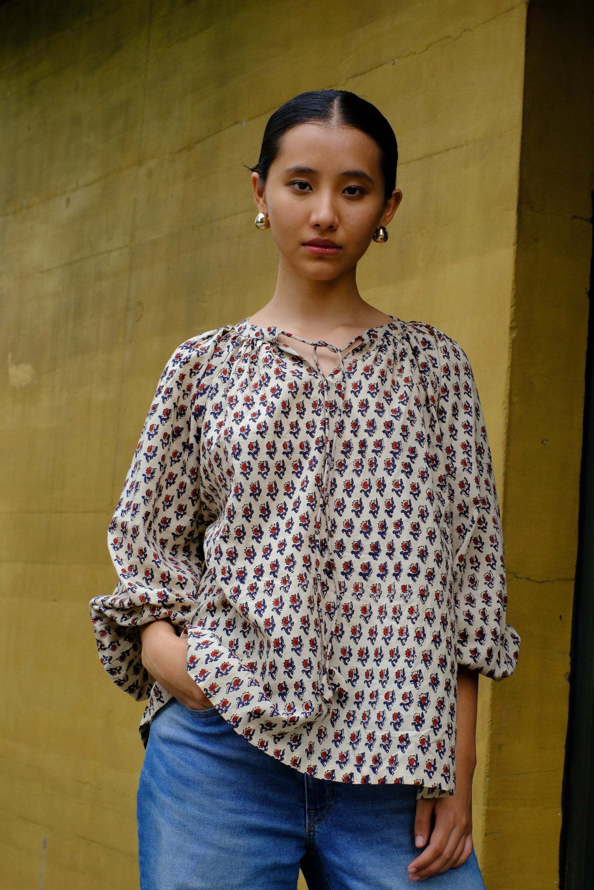 Cotton beige floral chintz top in natural dyes