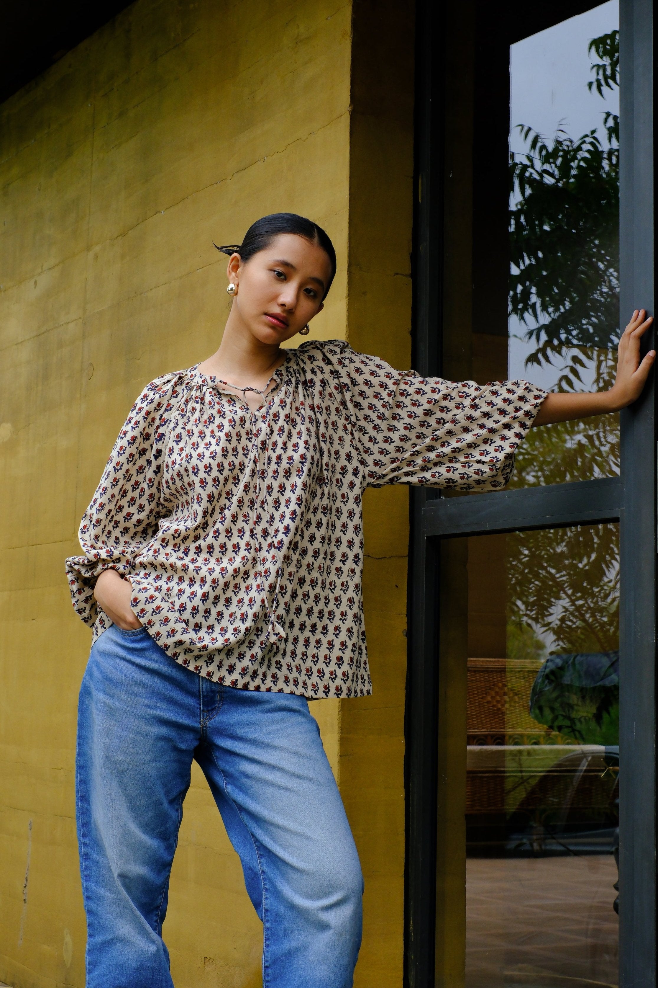 Cotton hand-block printed beige floral chintz top in natural dyes