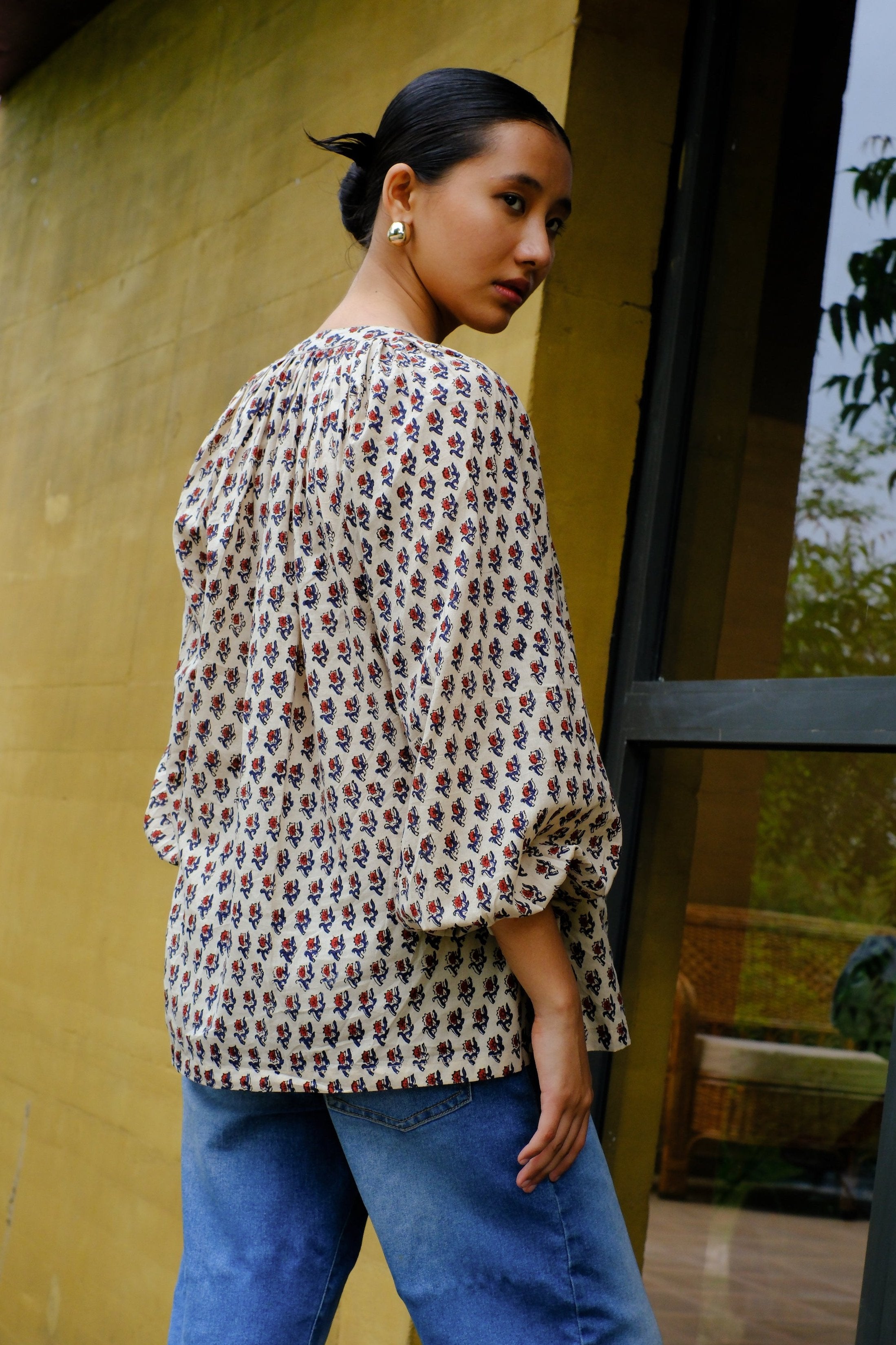 Cotton hand-block printed beige floral chintz top in natural dyes