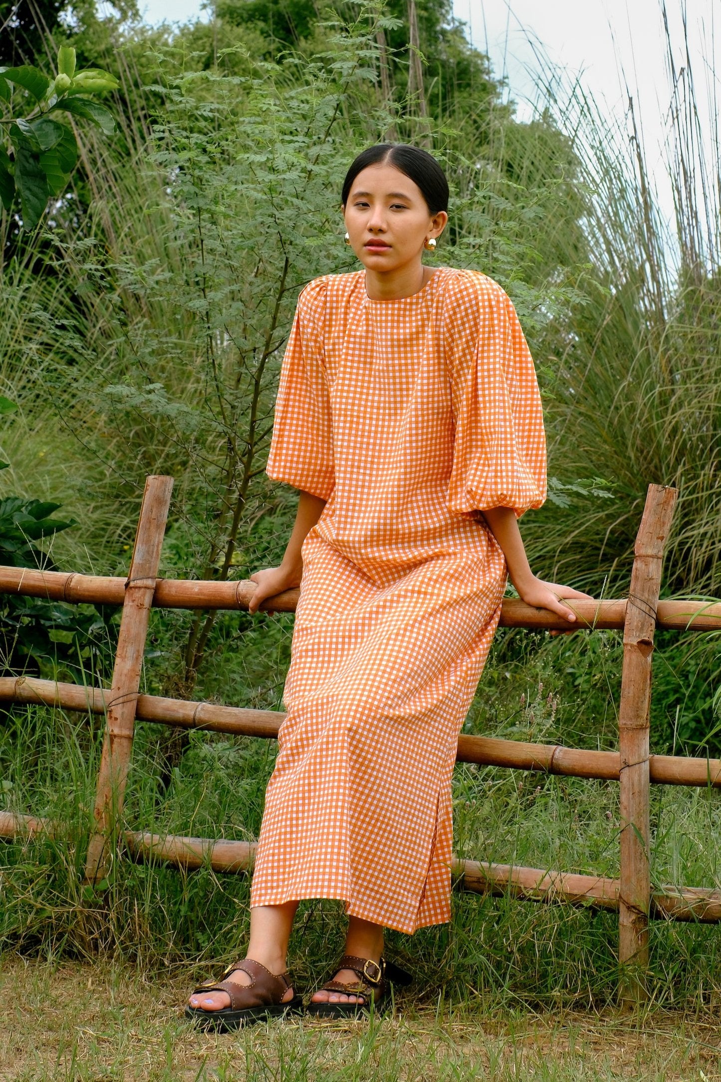 balloon sleeves orange checks dress