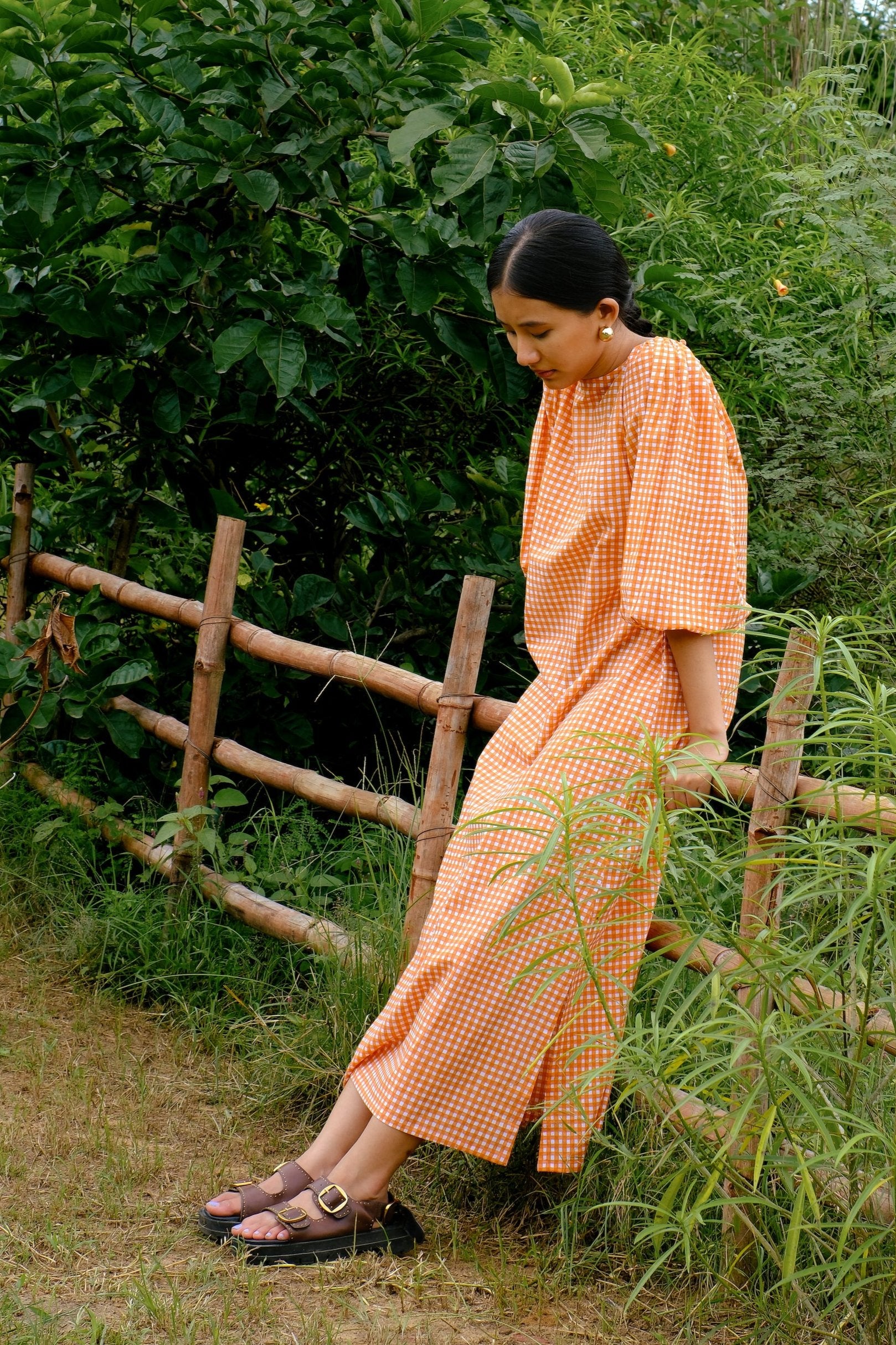  block printed orange checks midi dress