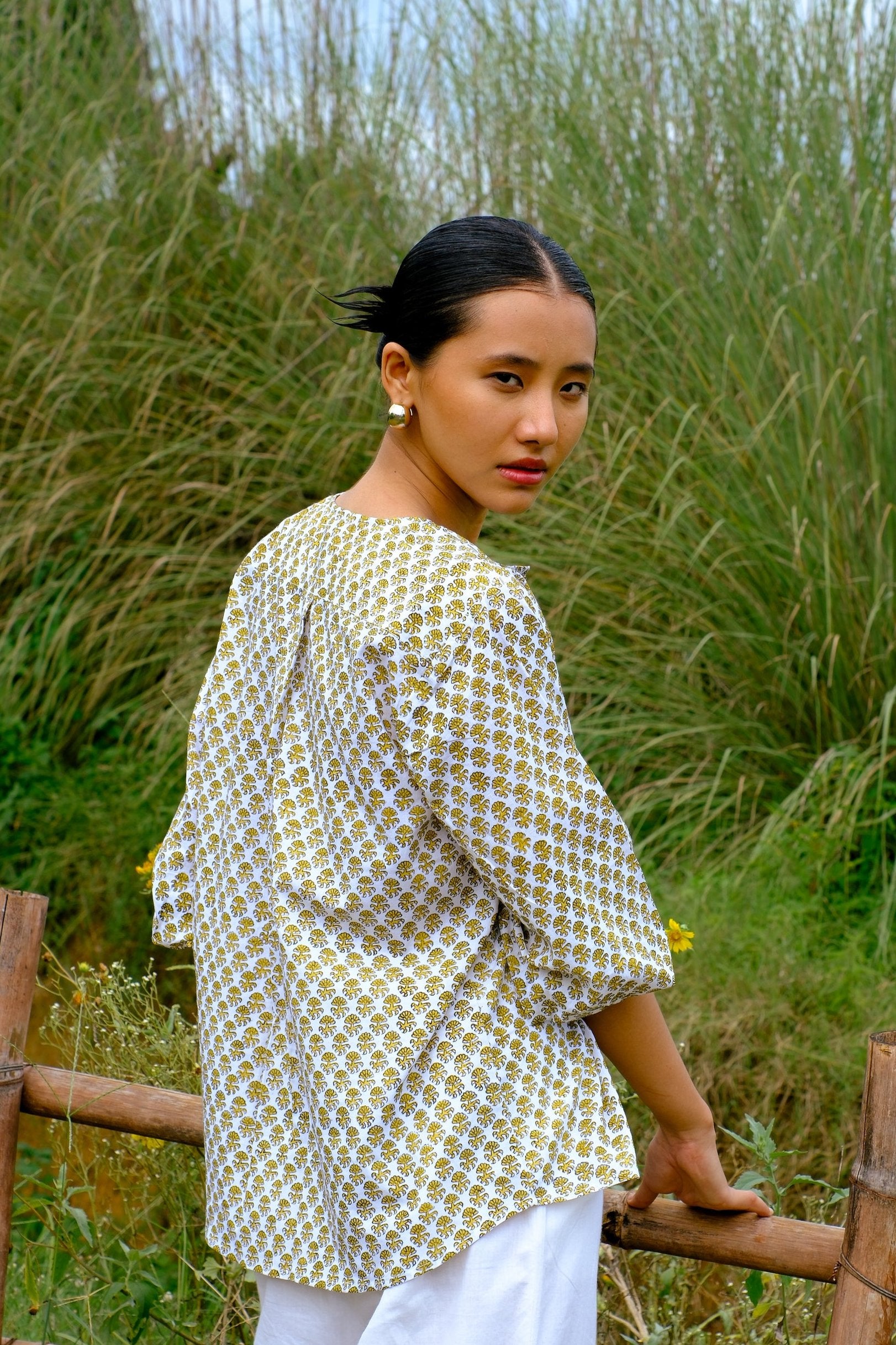 block printed yellow floral cotton summer top