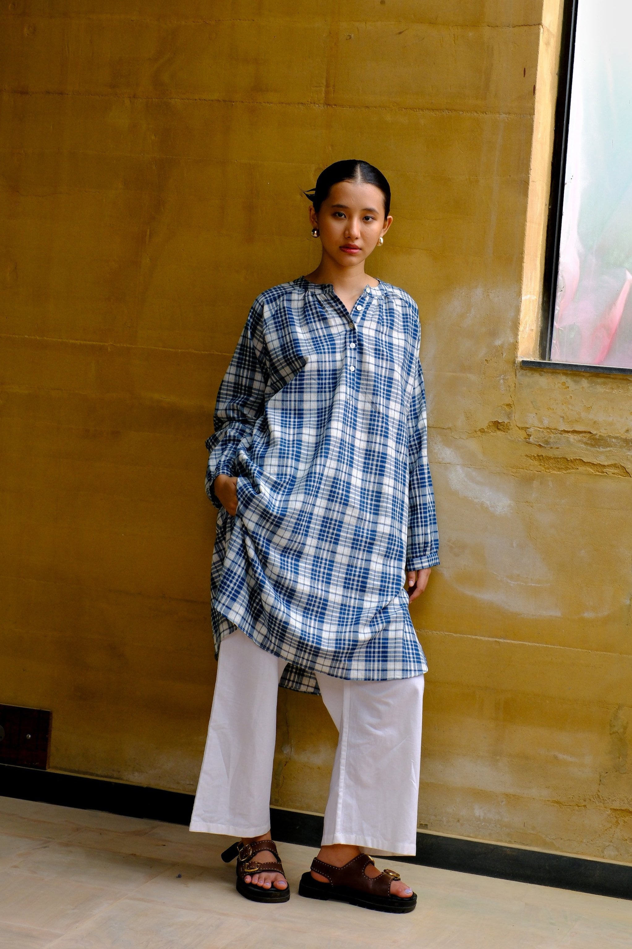 blue madras checks cotton kurta