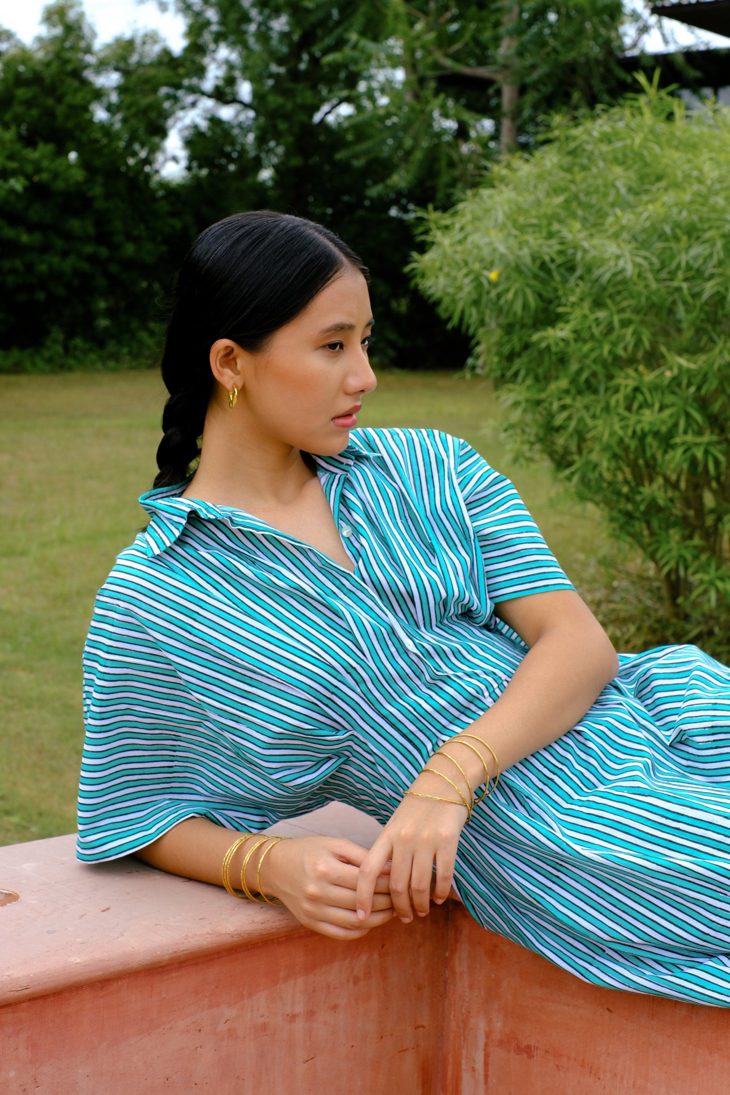 cotton green stripes midi dress