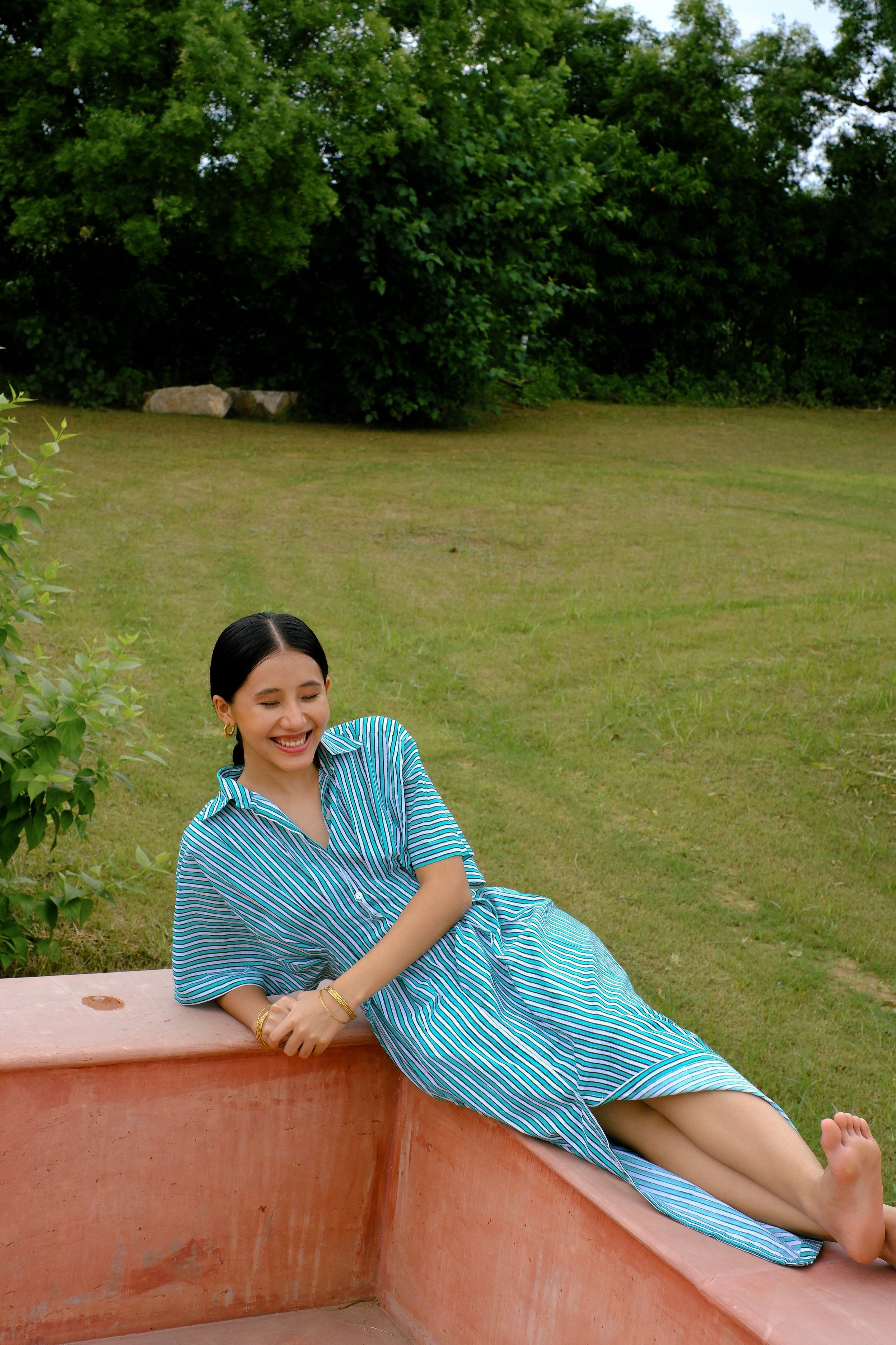 cotton green stripes shirt dress