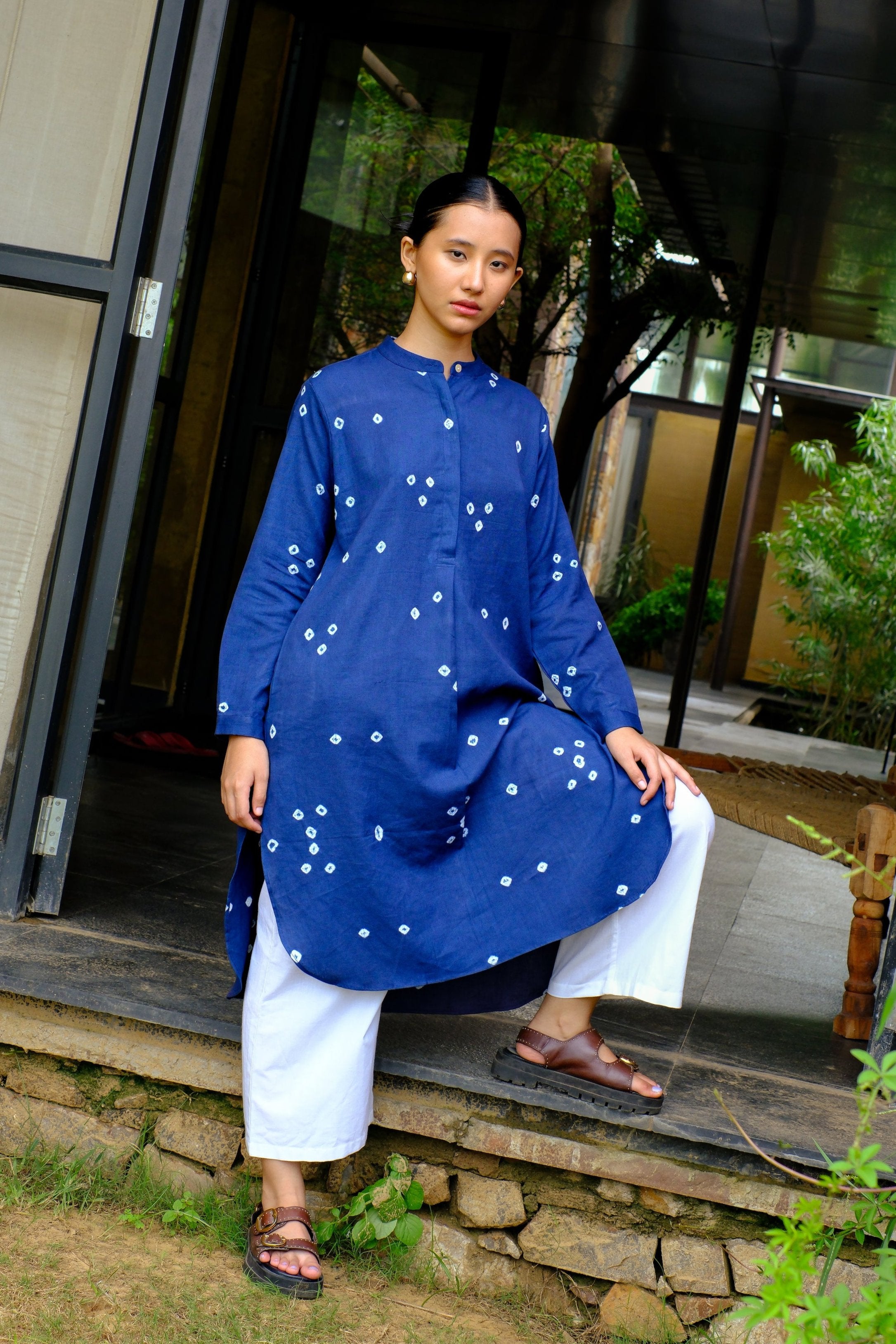 cotton linen indigo bandhani kurta 