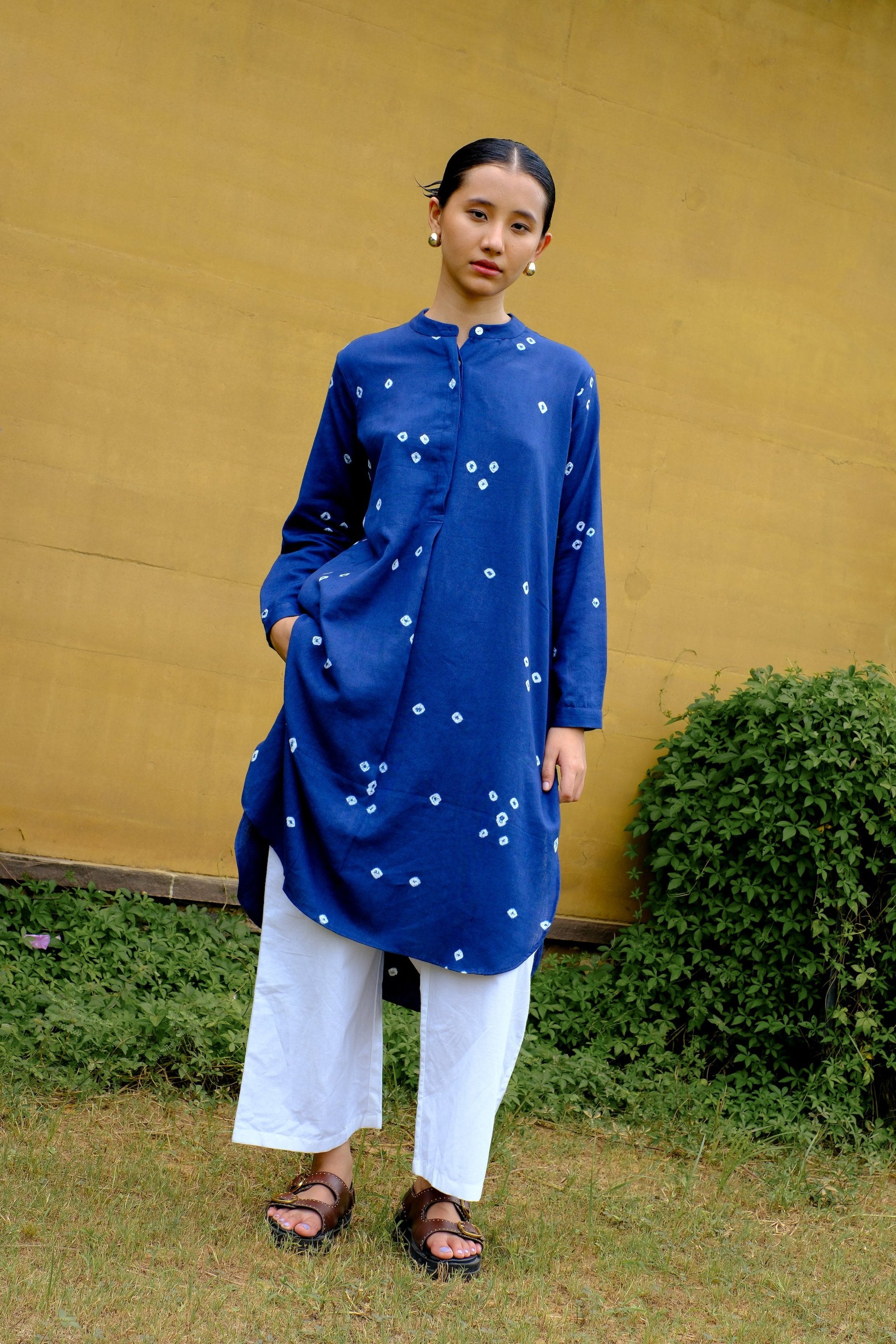 cotton linen indigo bandhani kurta shirt