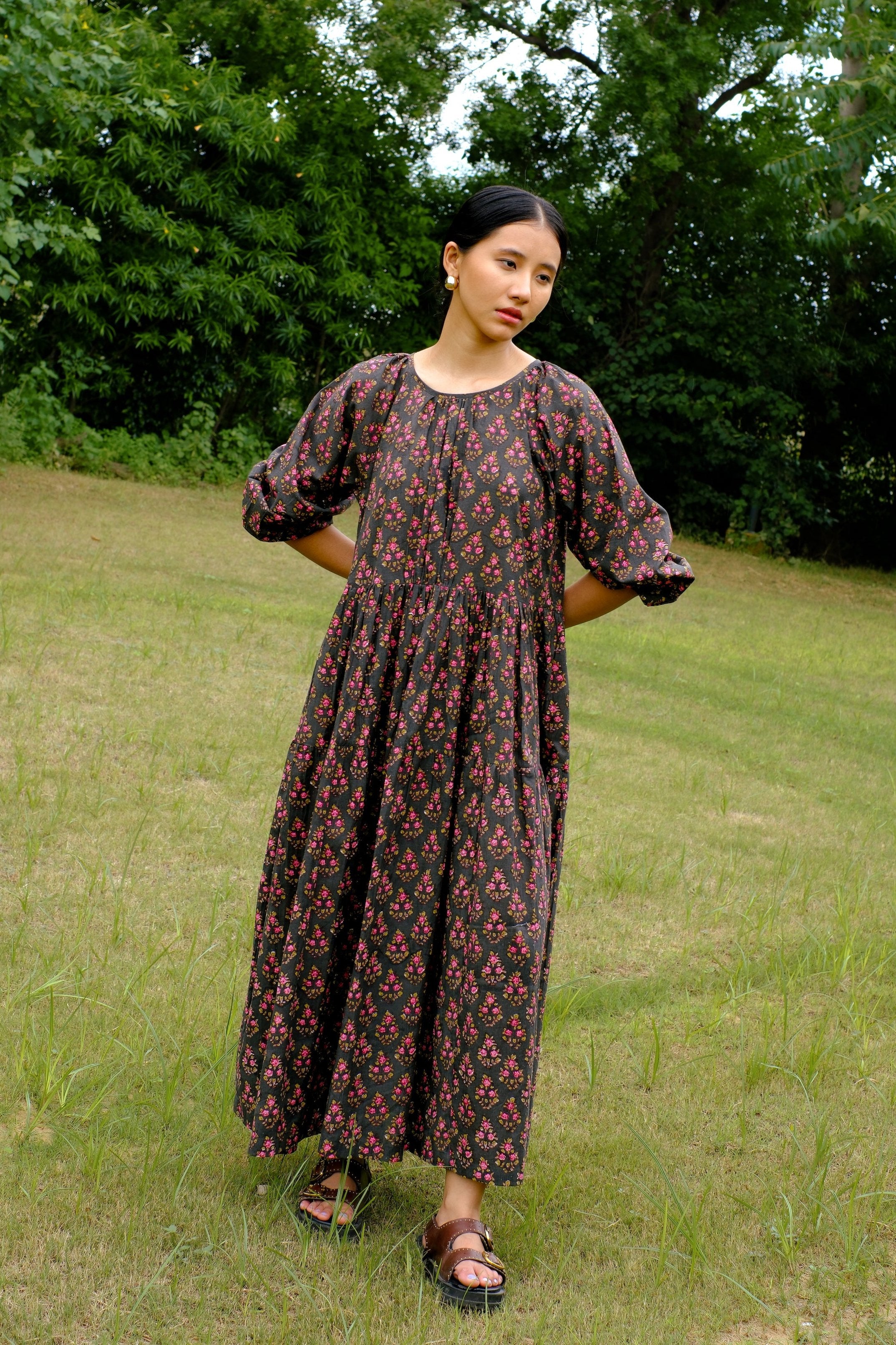 floral block printed green dress