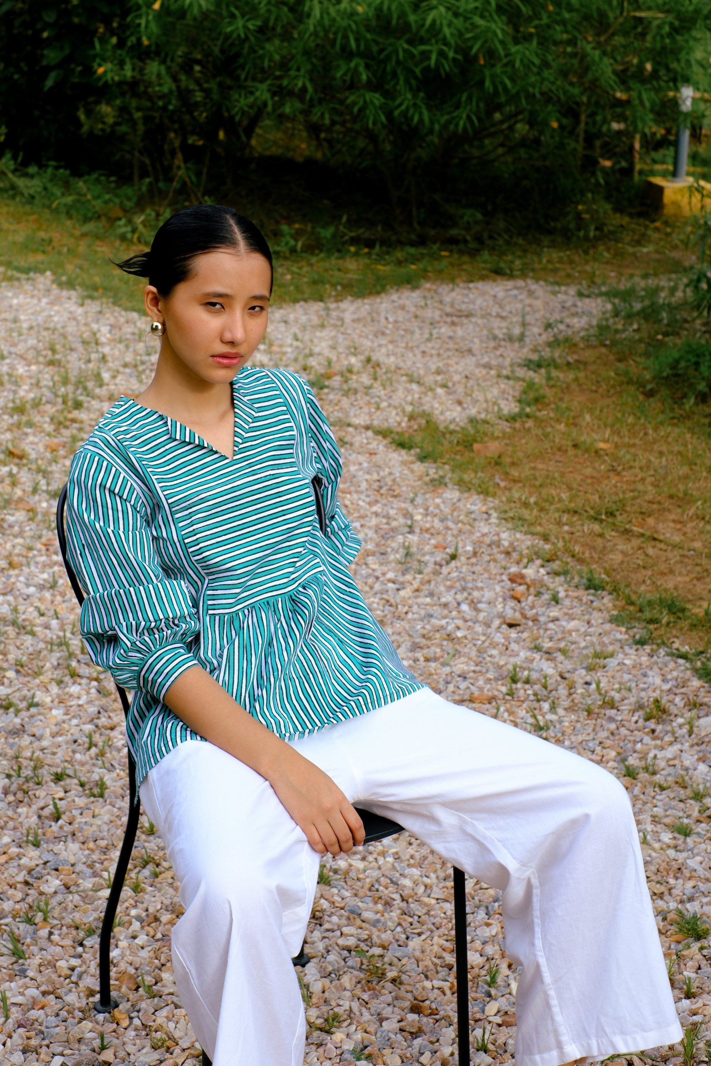 green hand-block printed stripes summer top