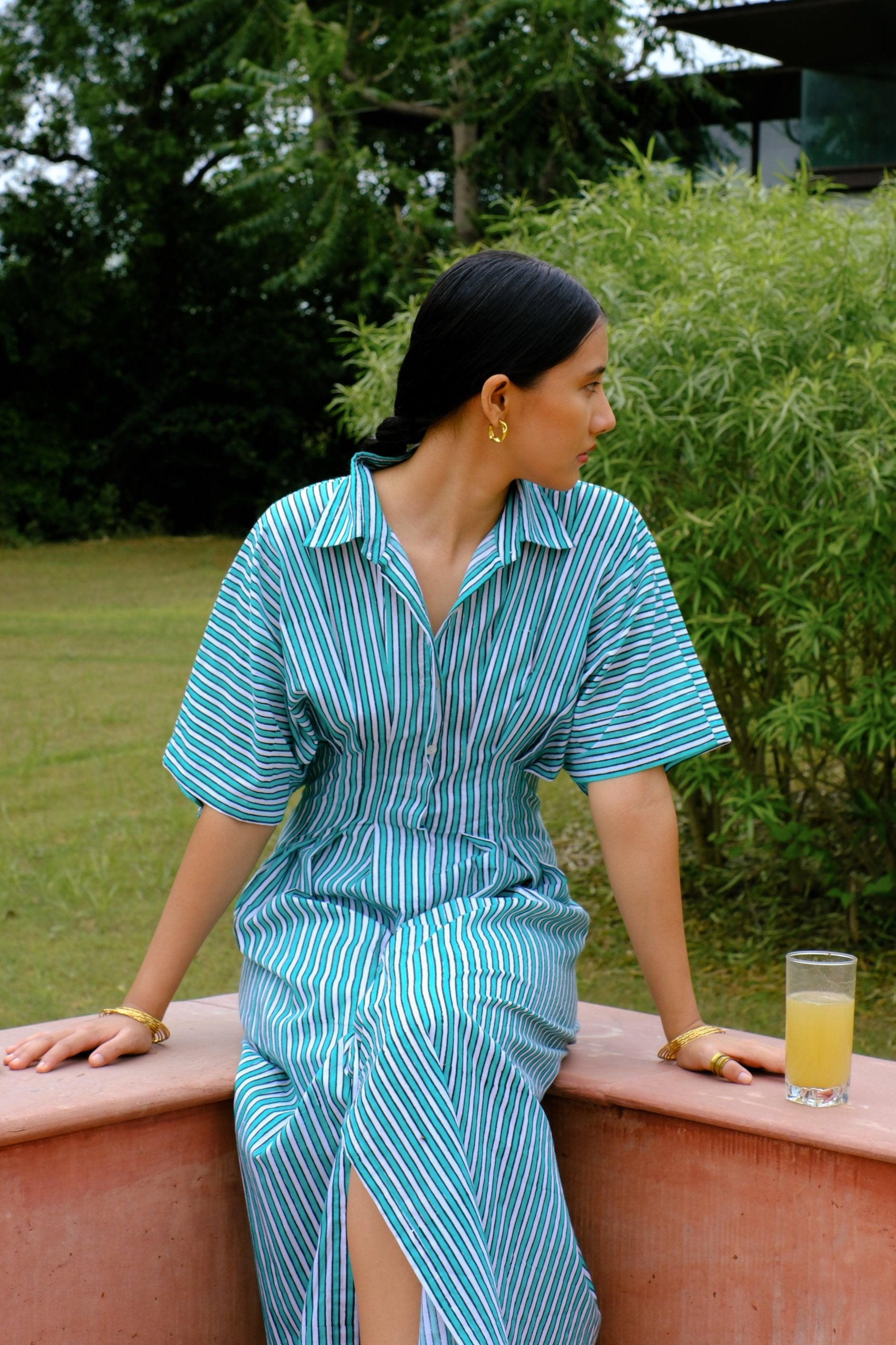 green stripes cotton shirt dress