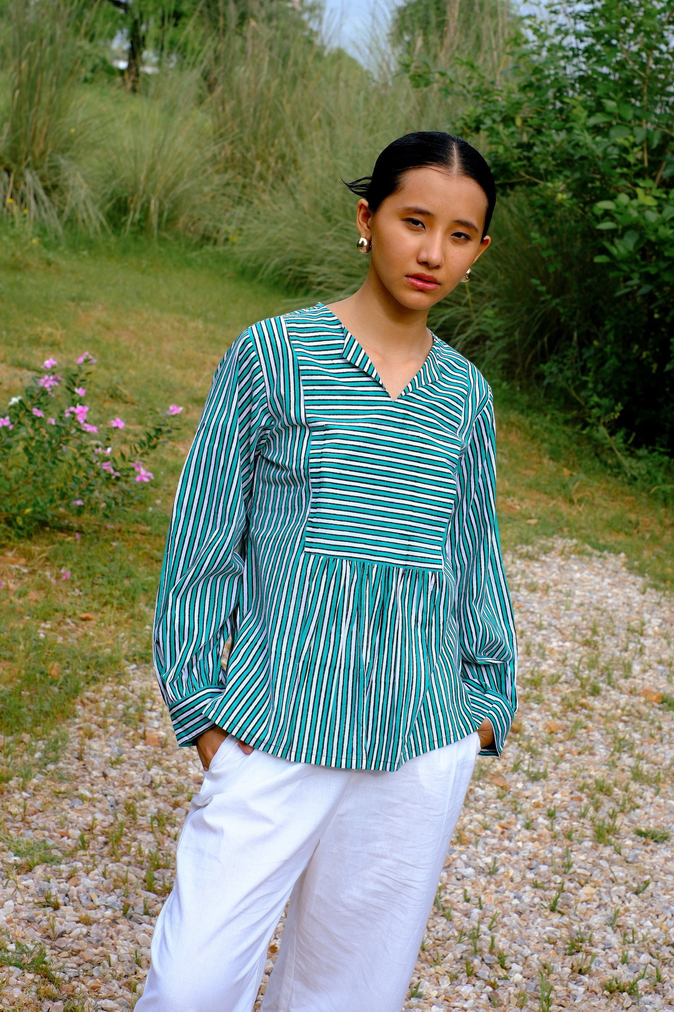 hand block printed green stripes cotton top