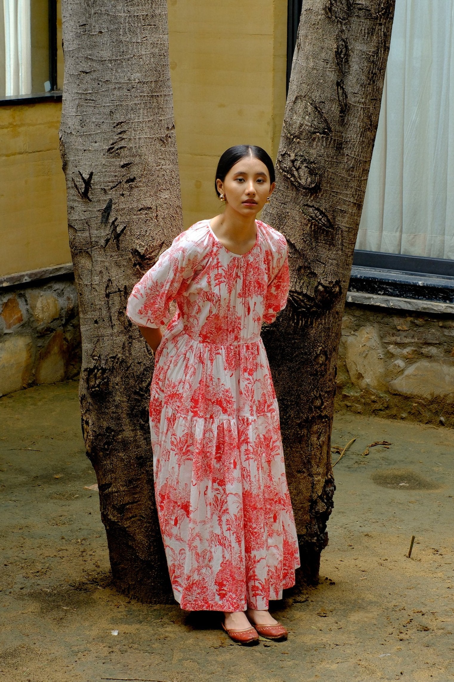 ivory & red long cotton dress