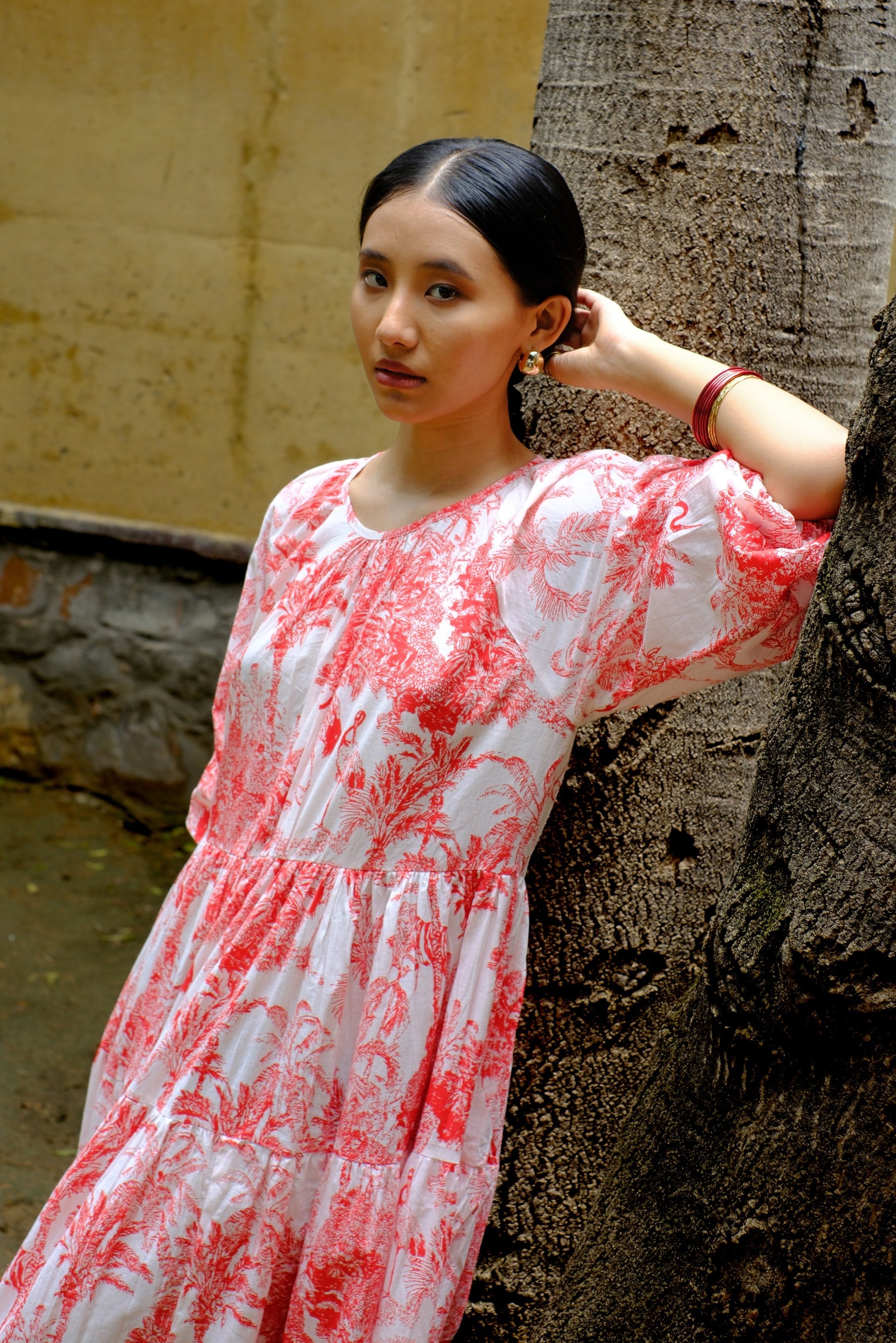 ivory & red tiered cotton dress