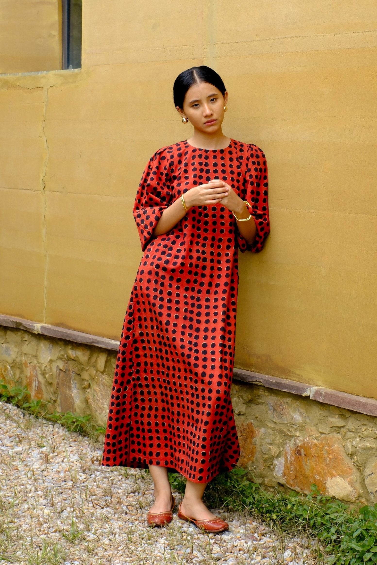 naturally dyed polka dot dress