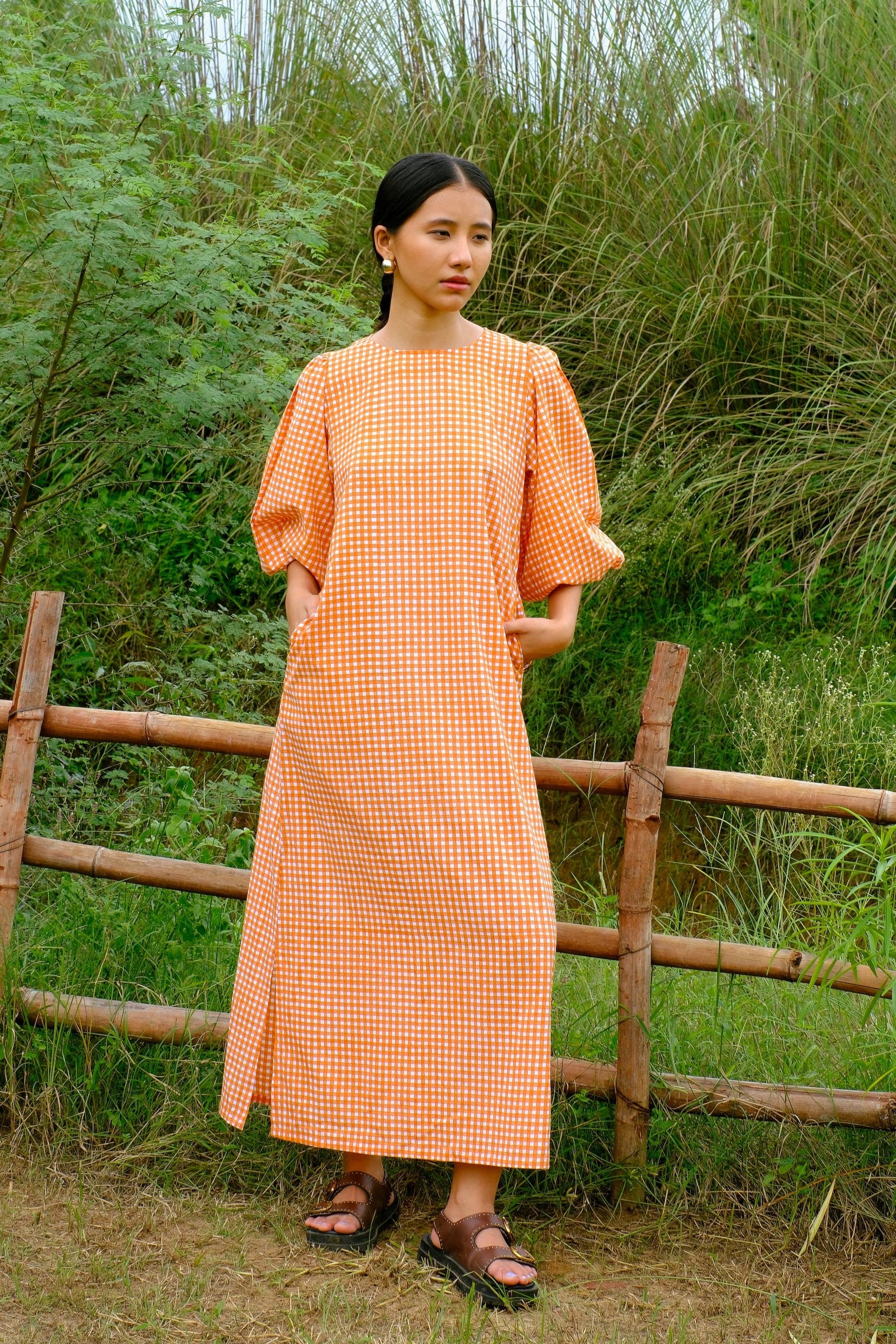 orange checks dress with pockets