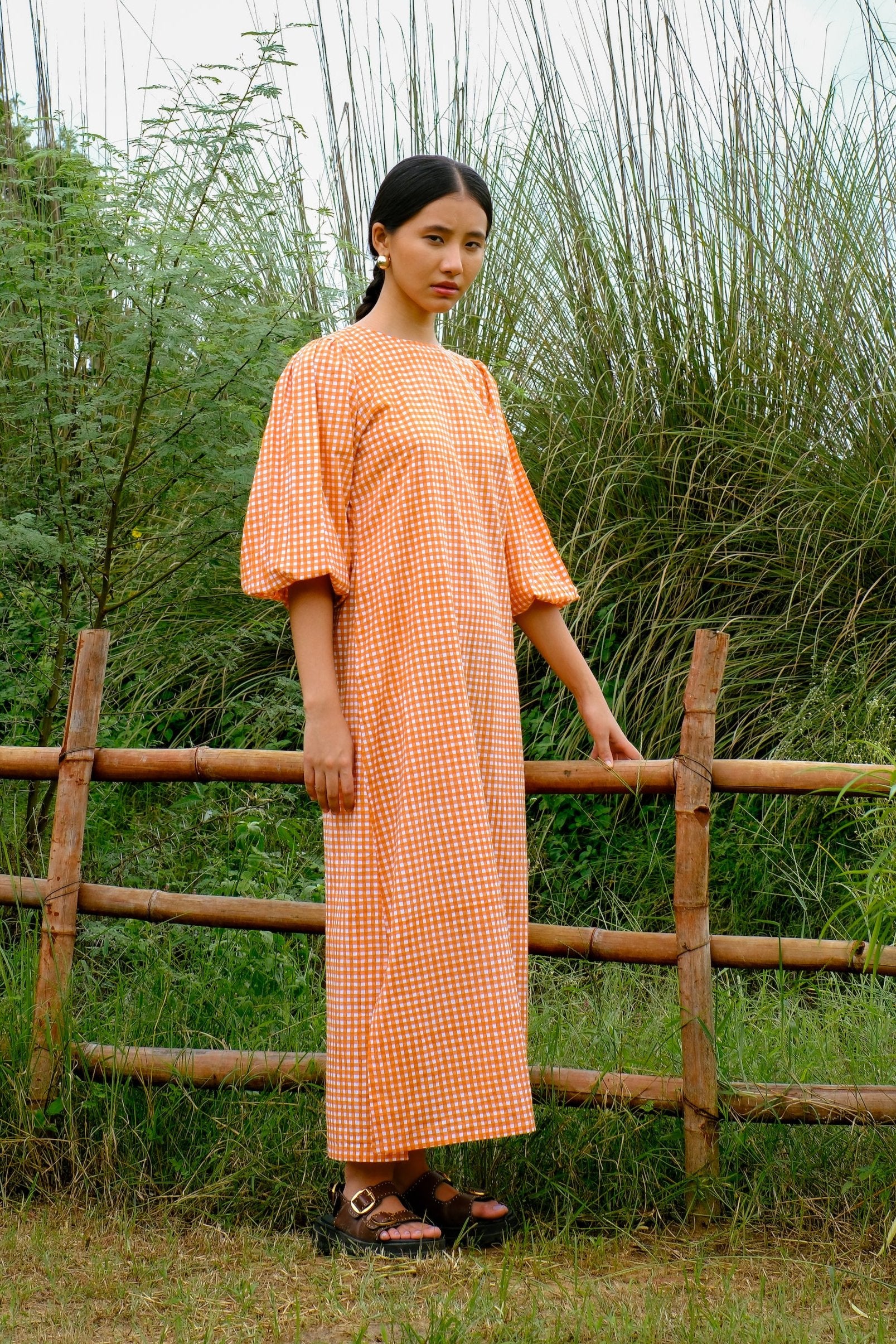 orange cotton midi dress