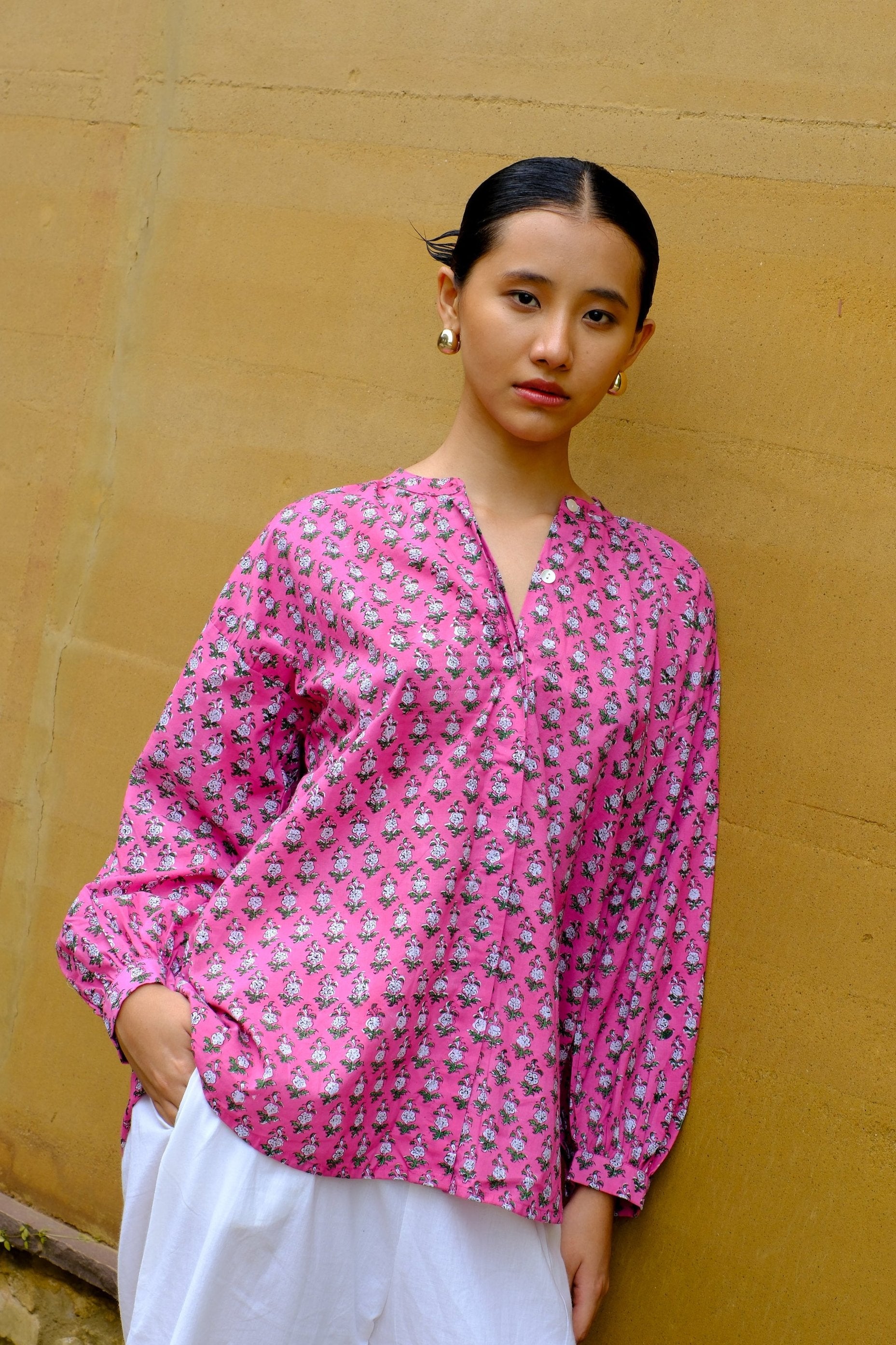 pink block printed cotton summer top