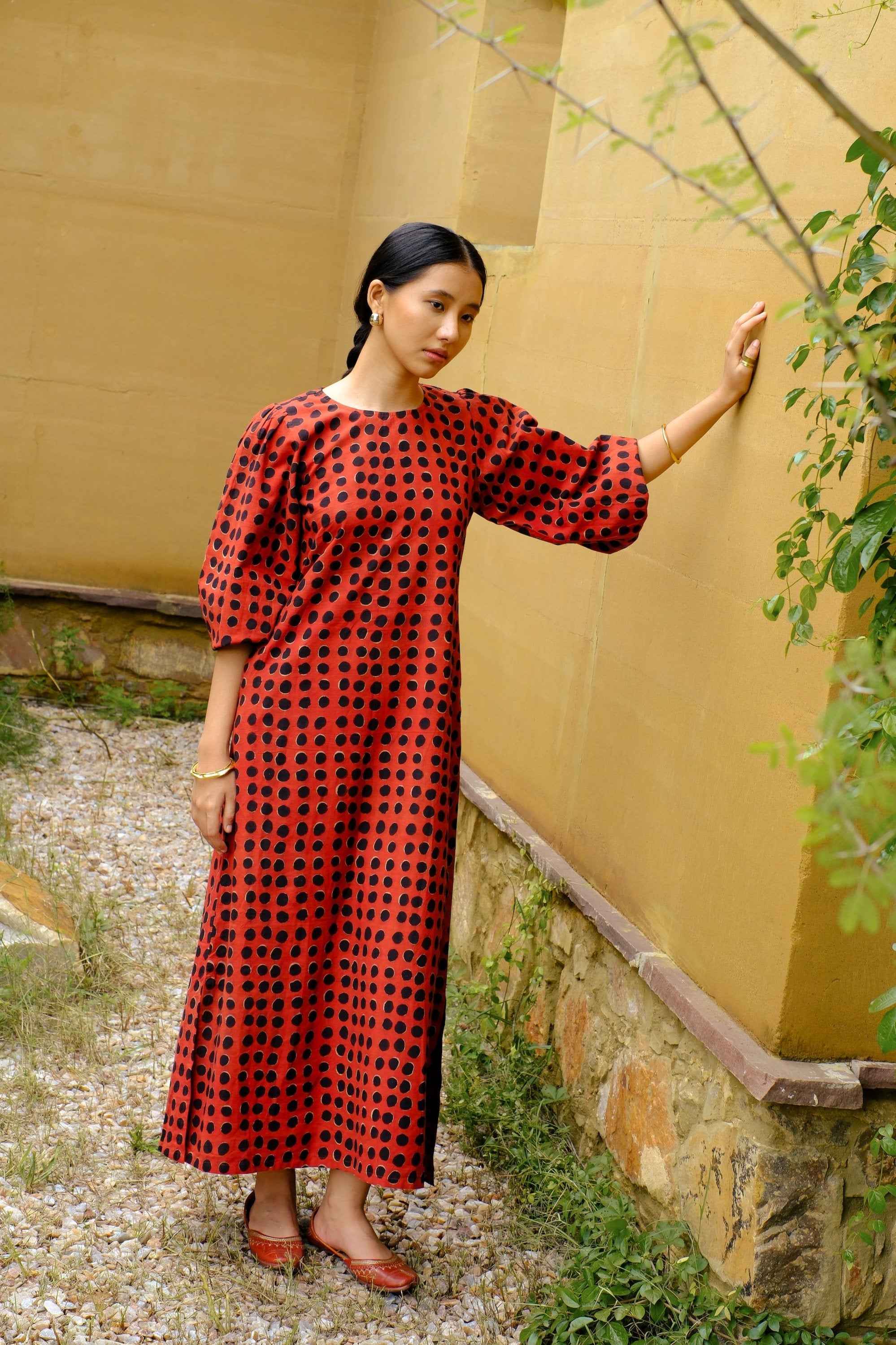 red & black polka dot cotton dress