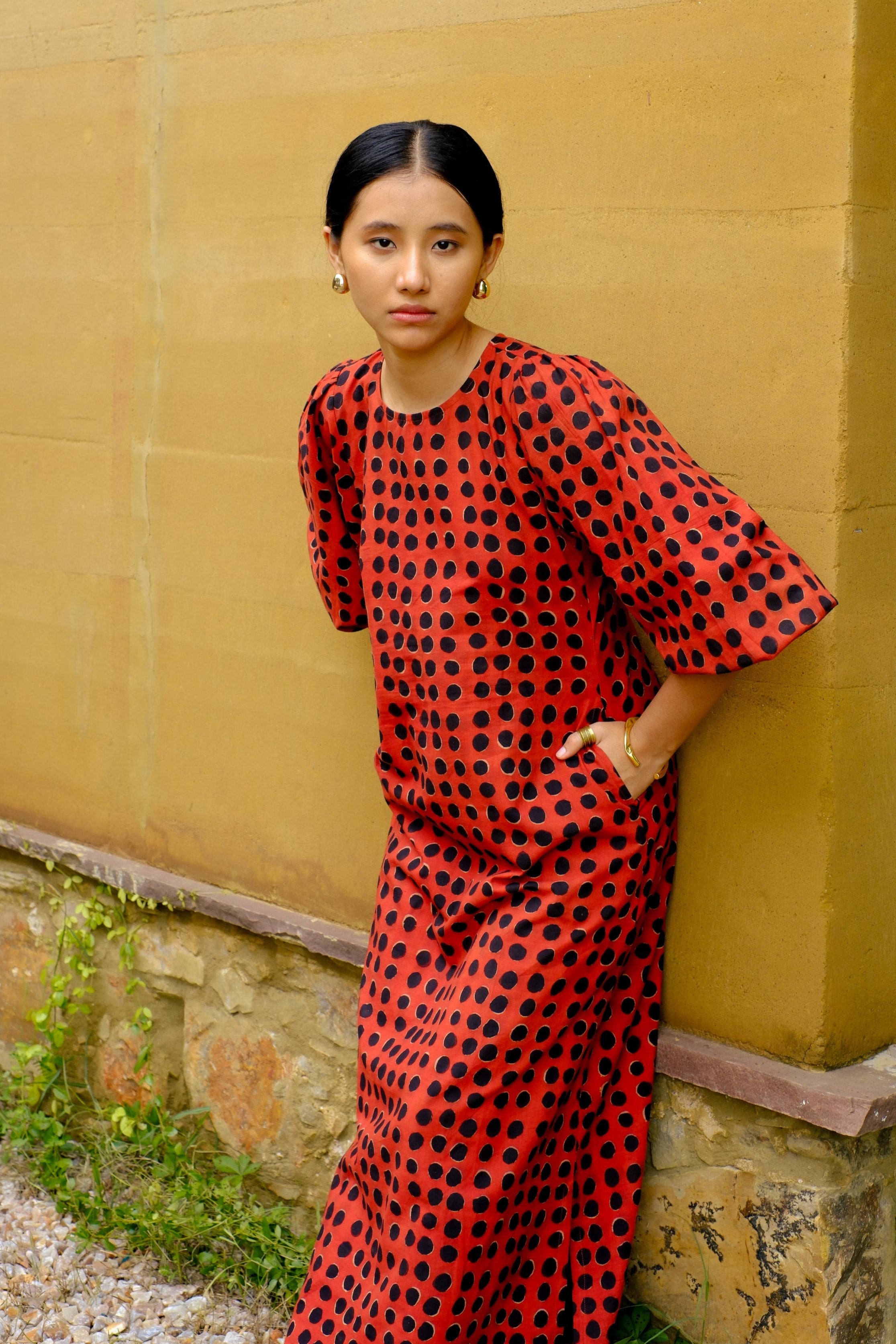 red & black polka dot dress 