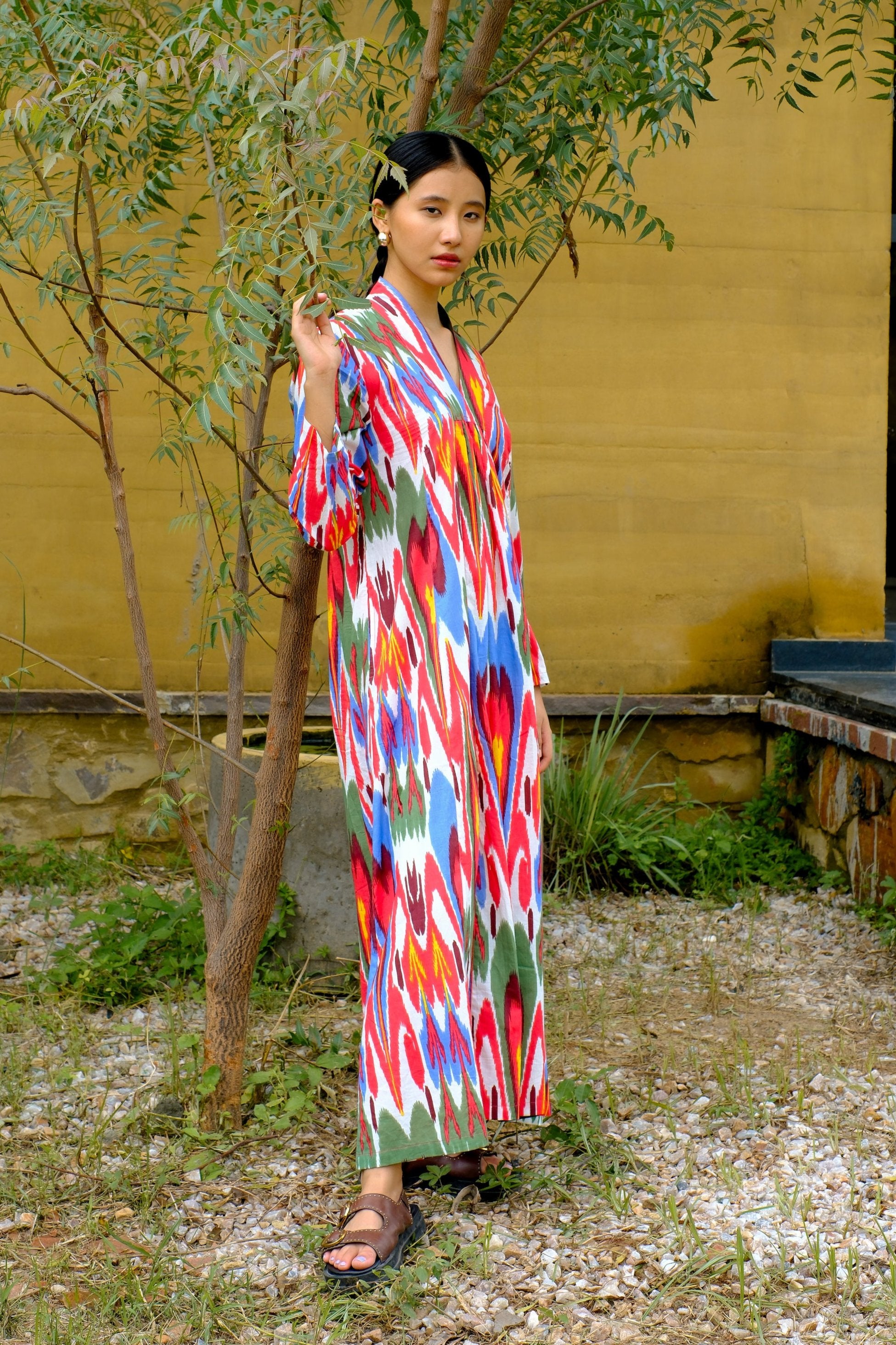 red blue green yellow ikat long dress