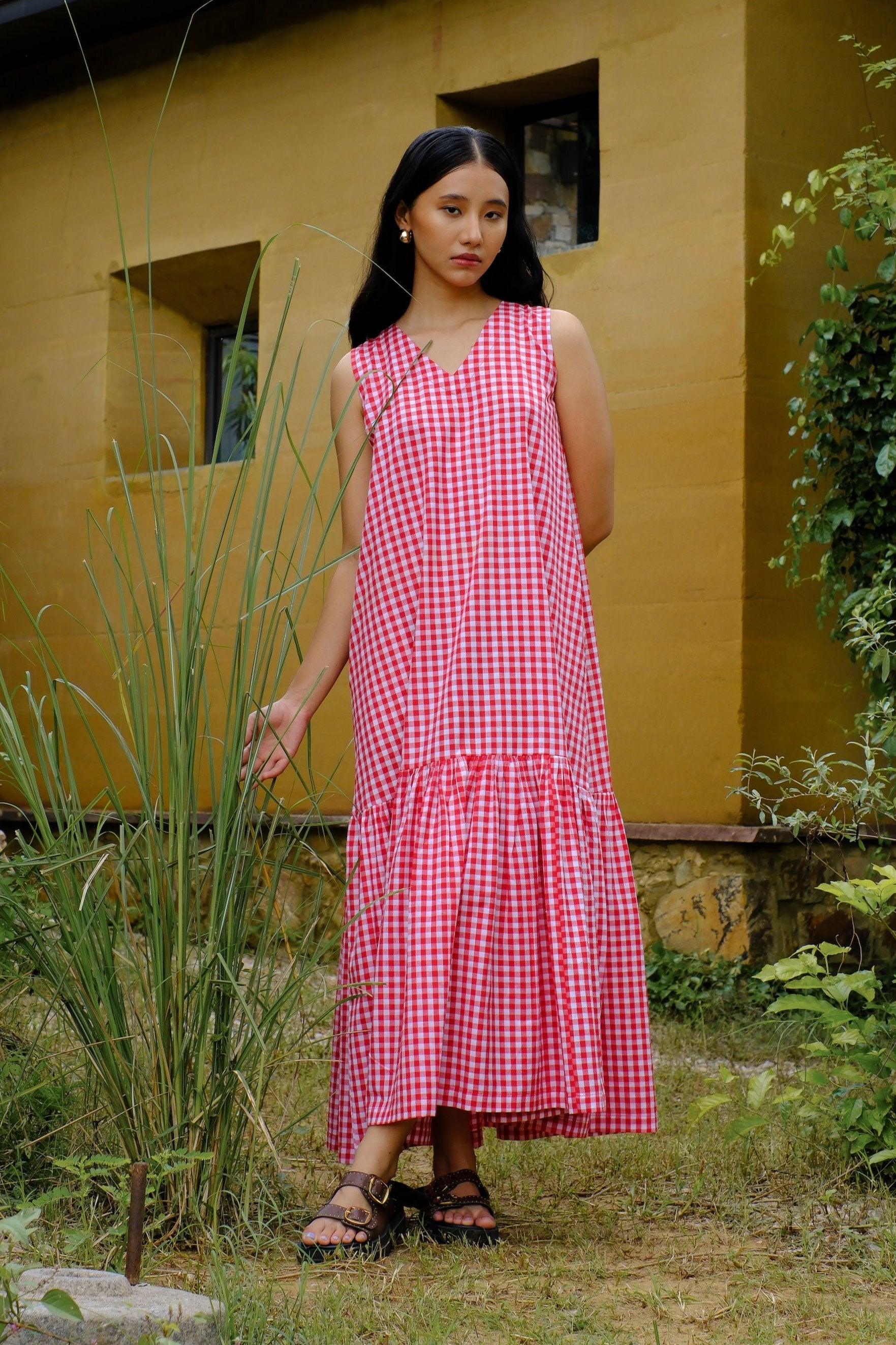 red gingham midi dress