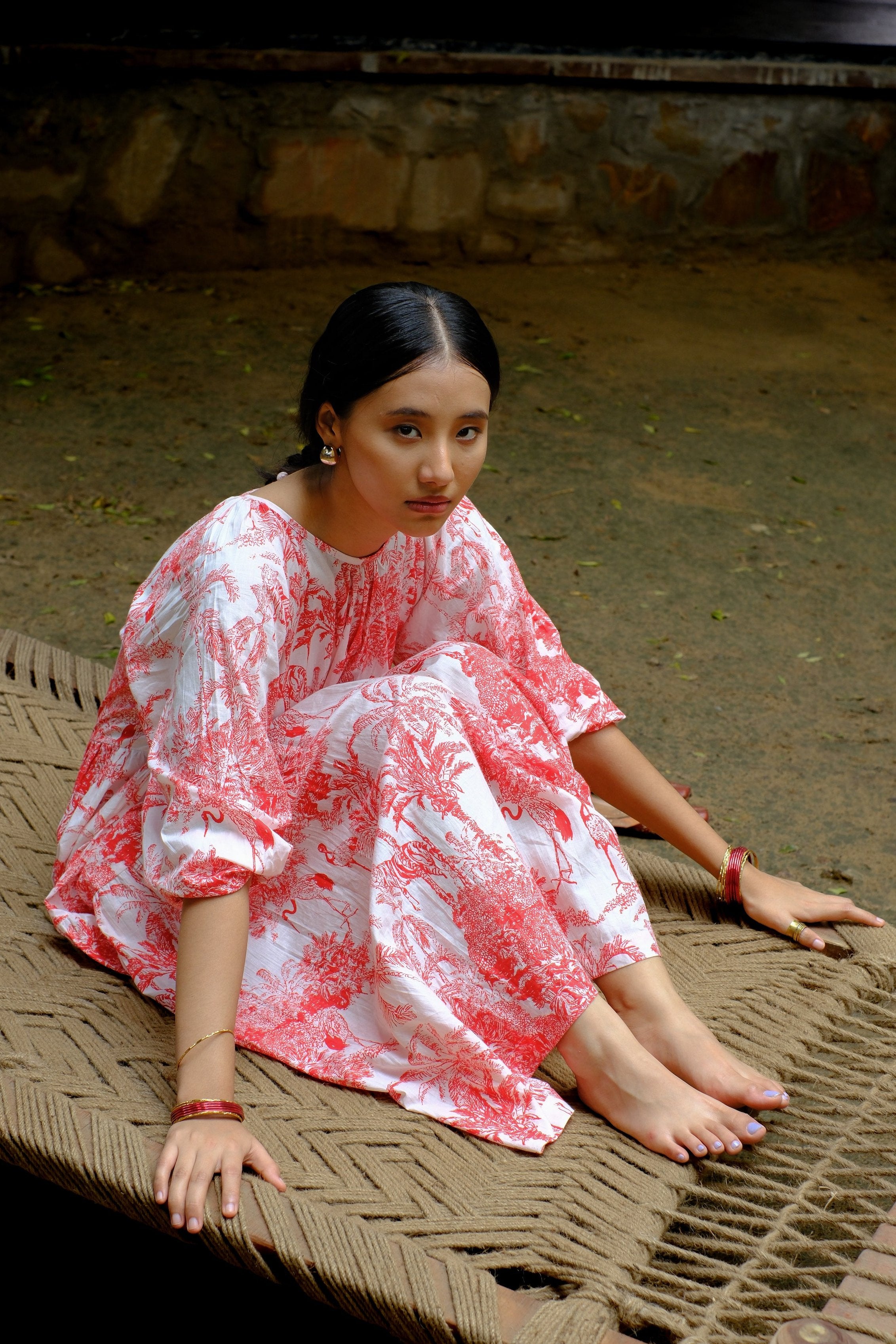 red raglan balloon sleeves long dress