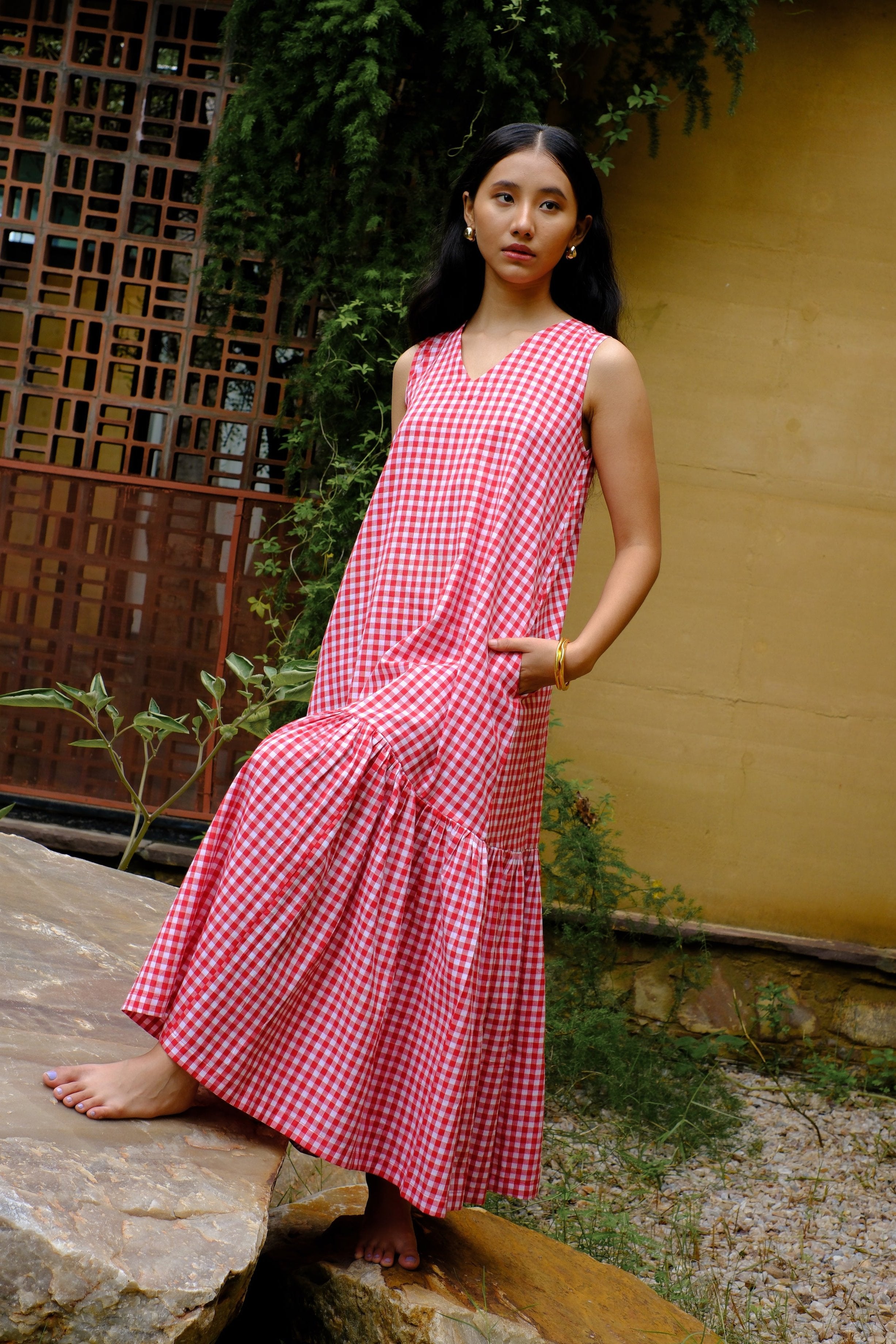 red & white checks long dress