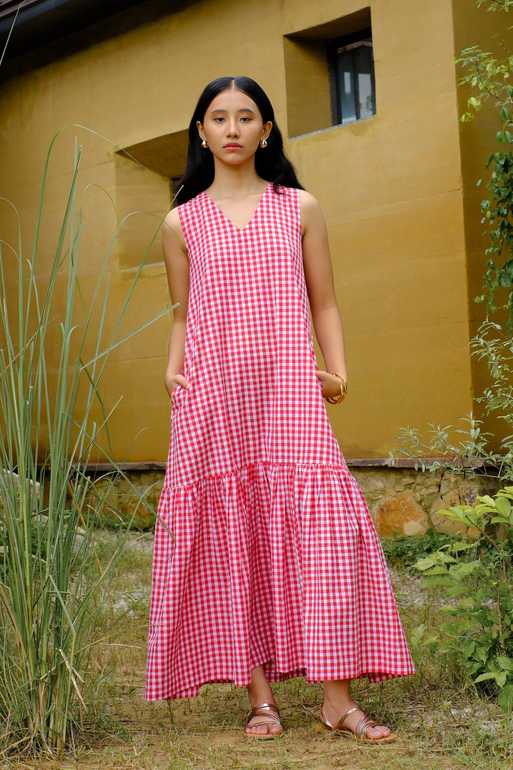 red & white gingham long dress with pockets