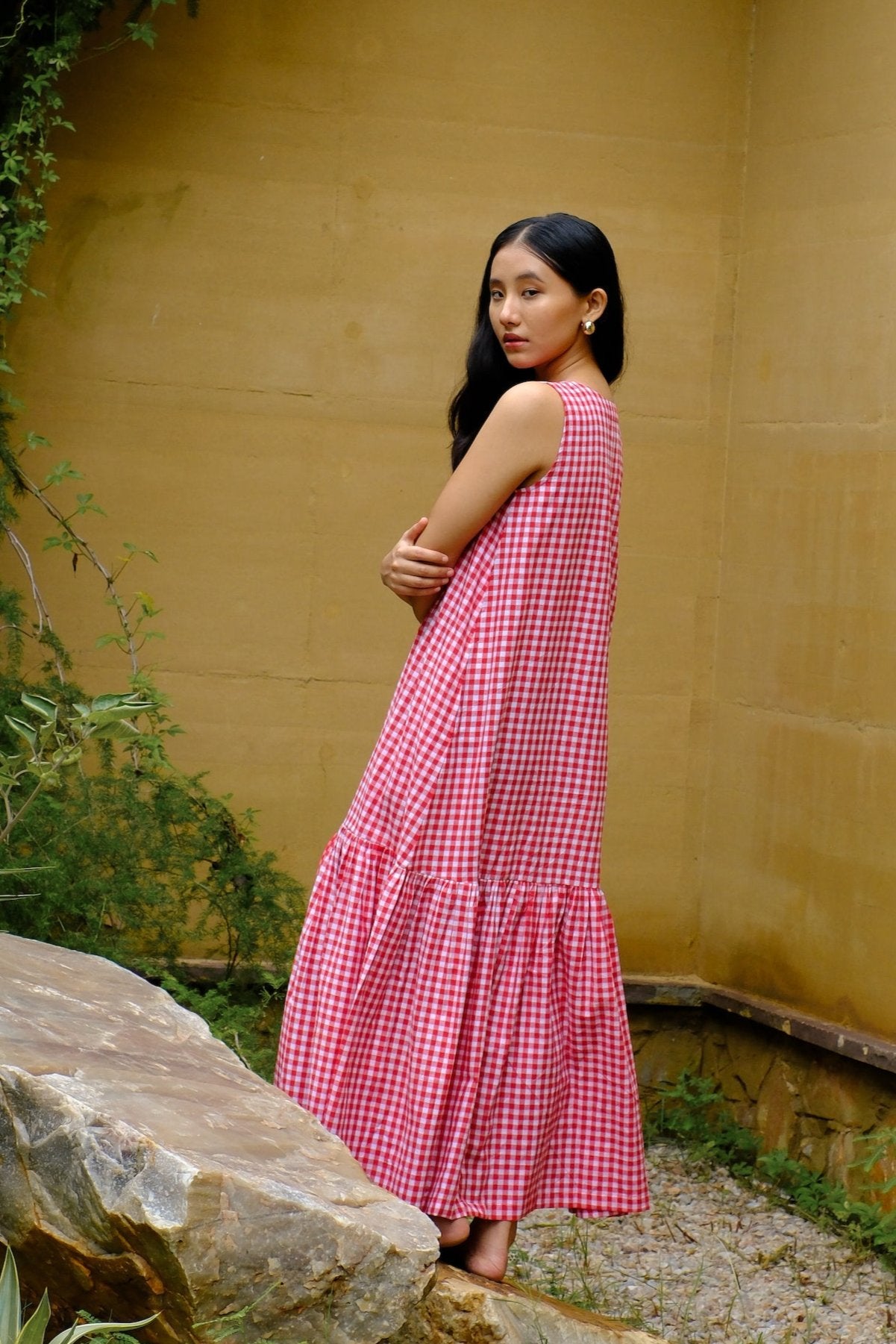 red & white gingham tiered dress