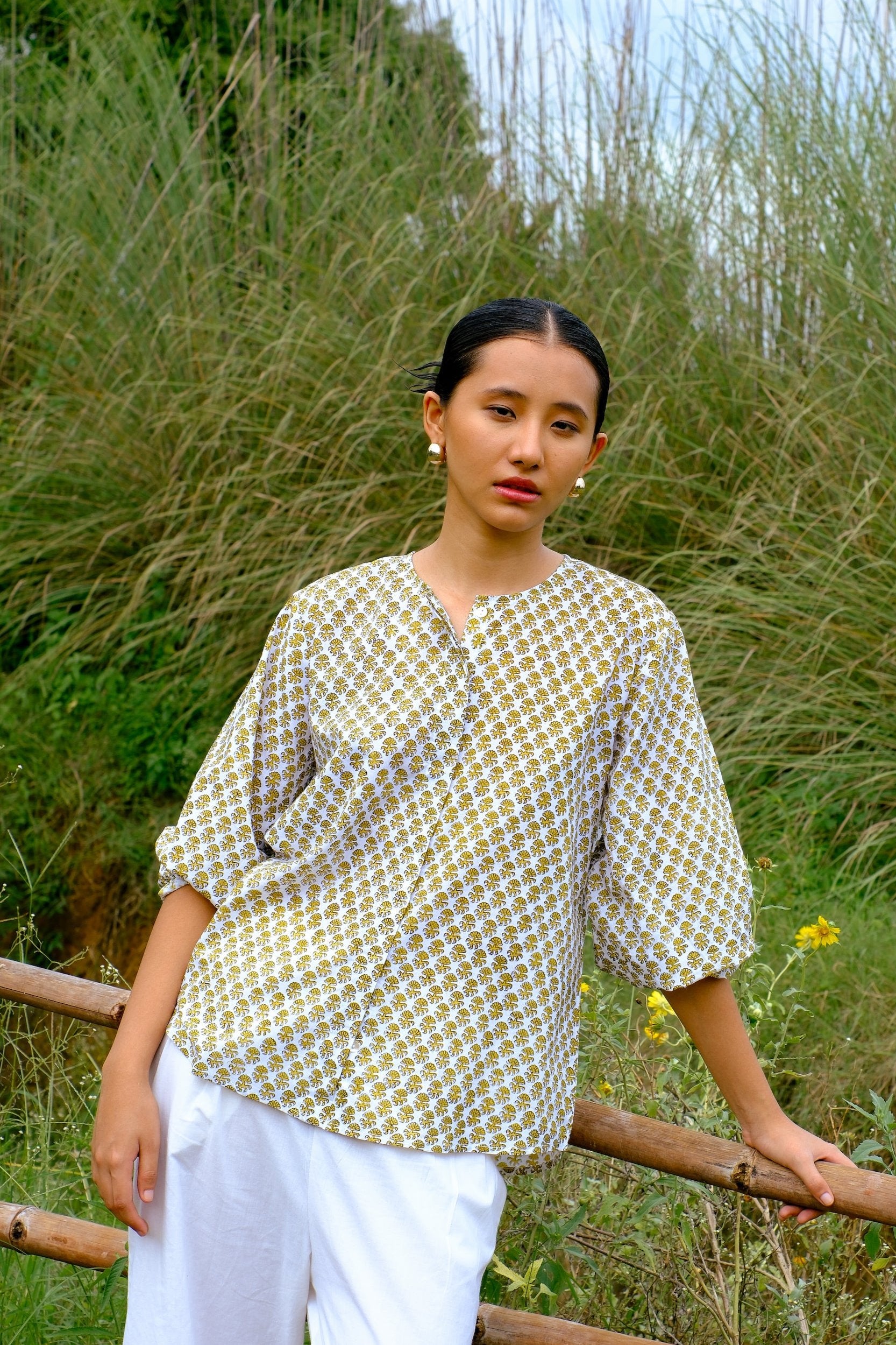 white & yellow cotton block printed summer top