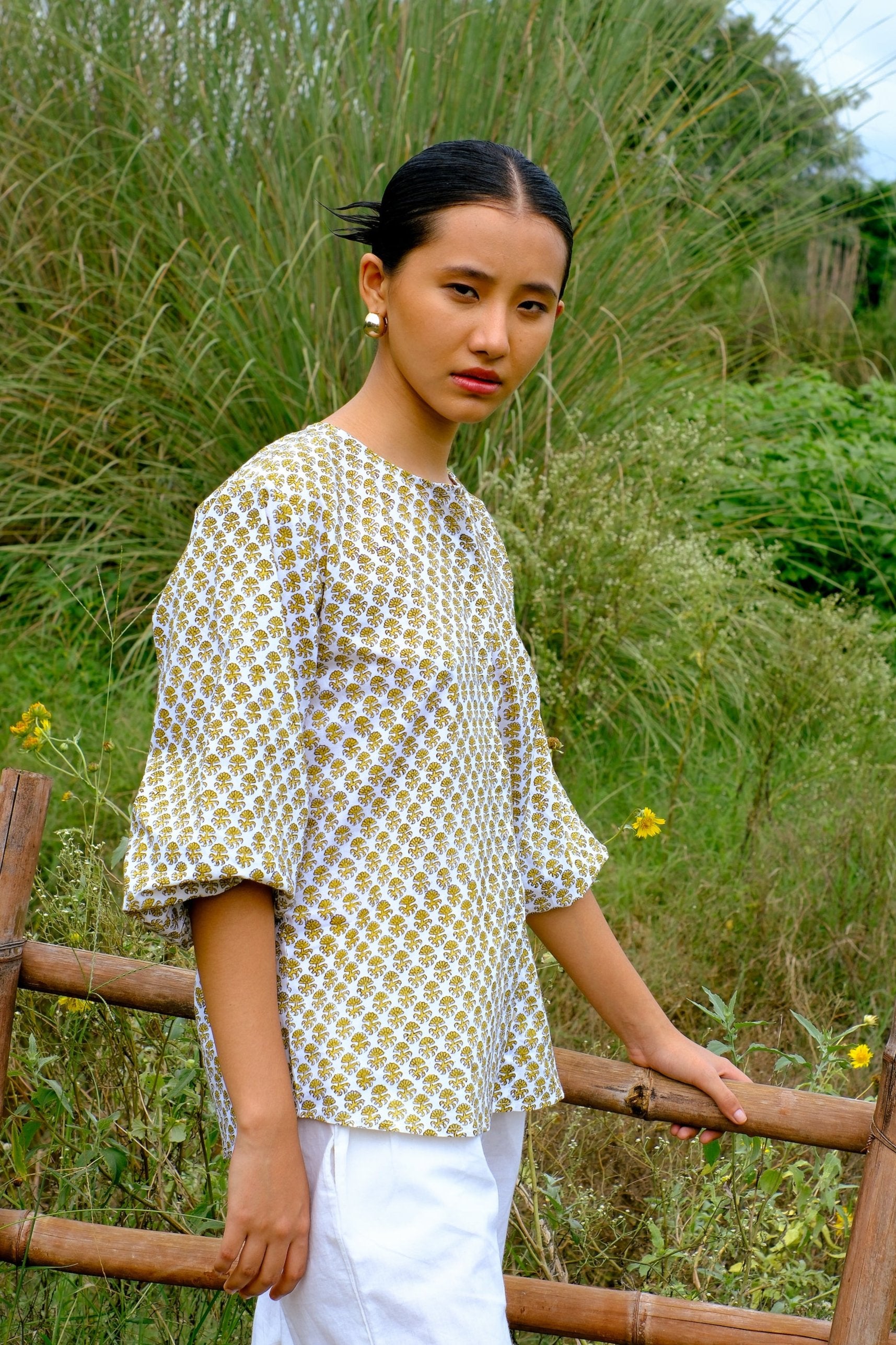 white & yellow puff sleeves cotton top