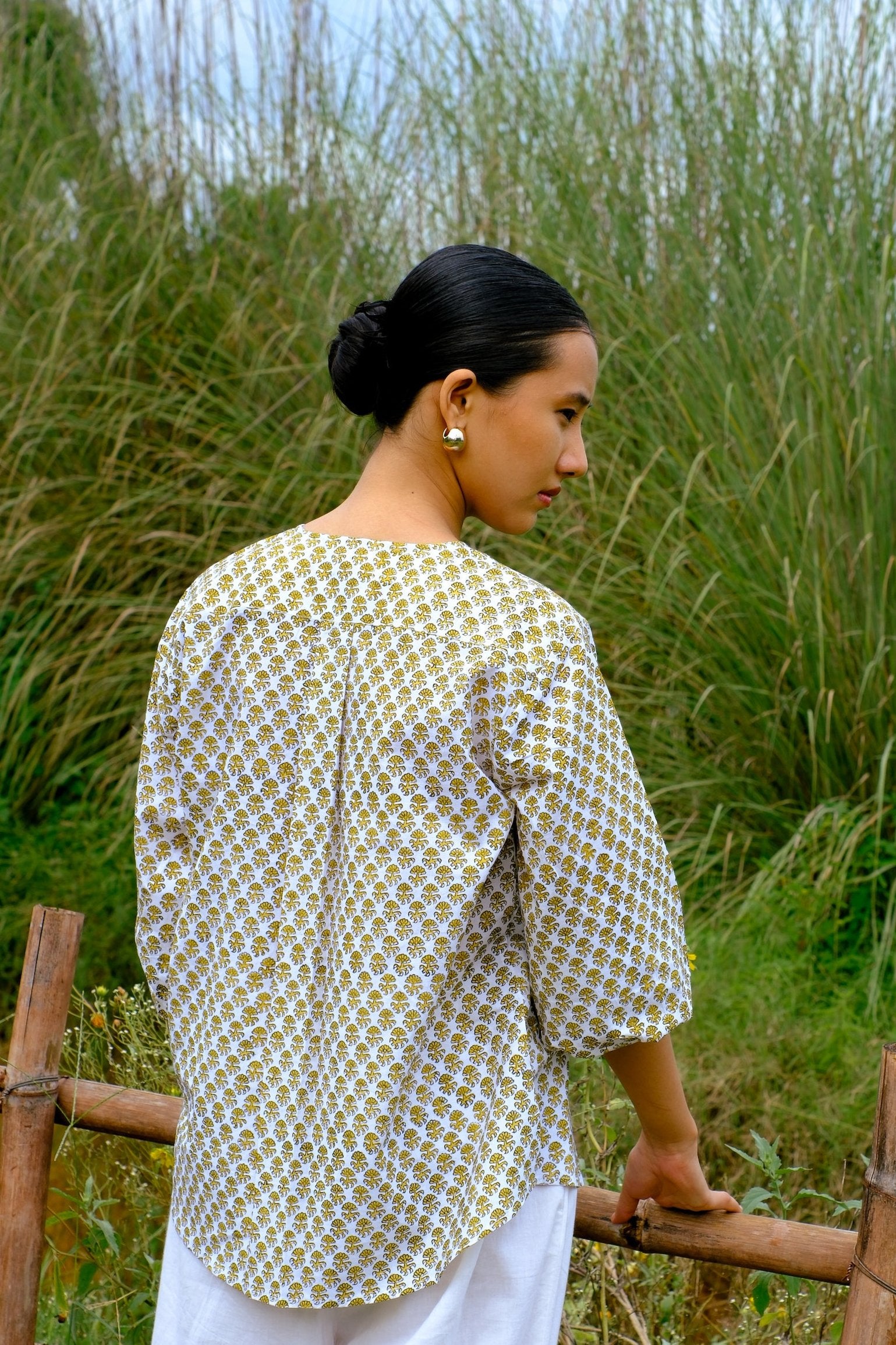 yellow cotton block printed floral top