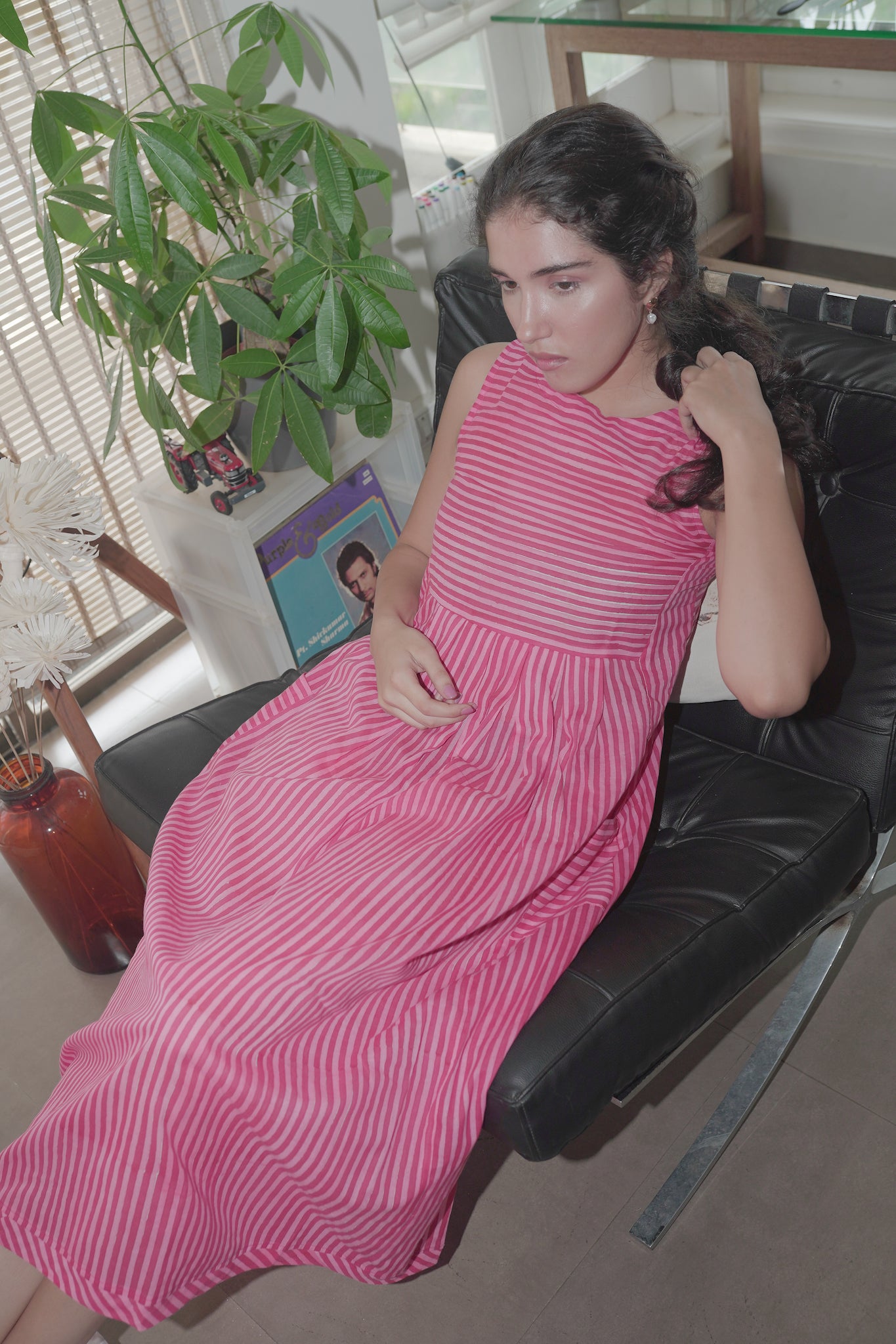 pink stripes fit & flare dress with pockets