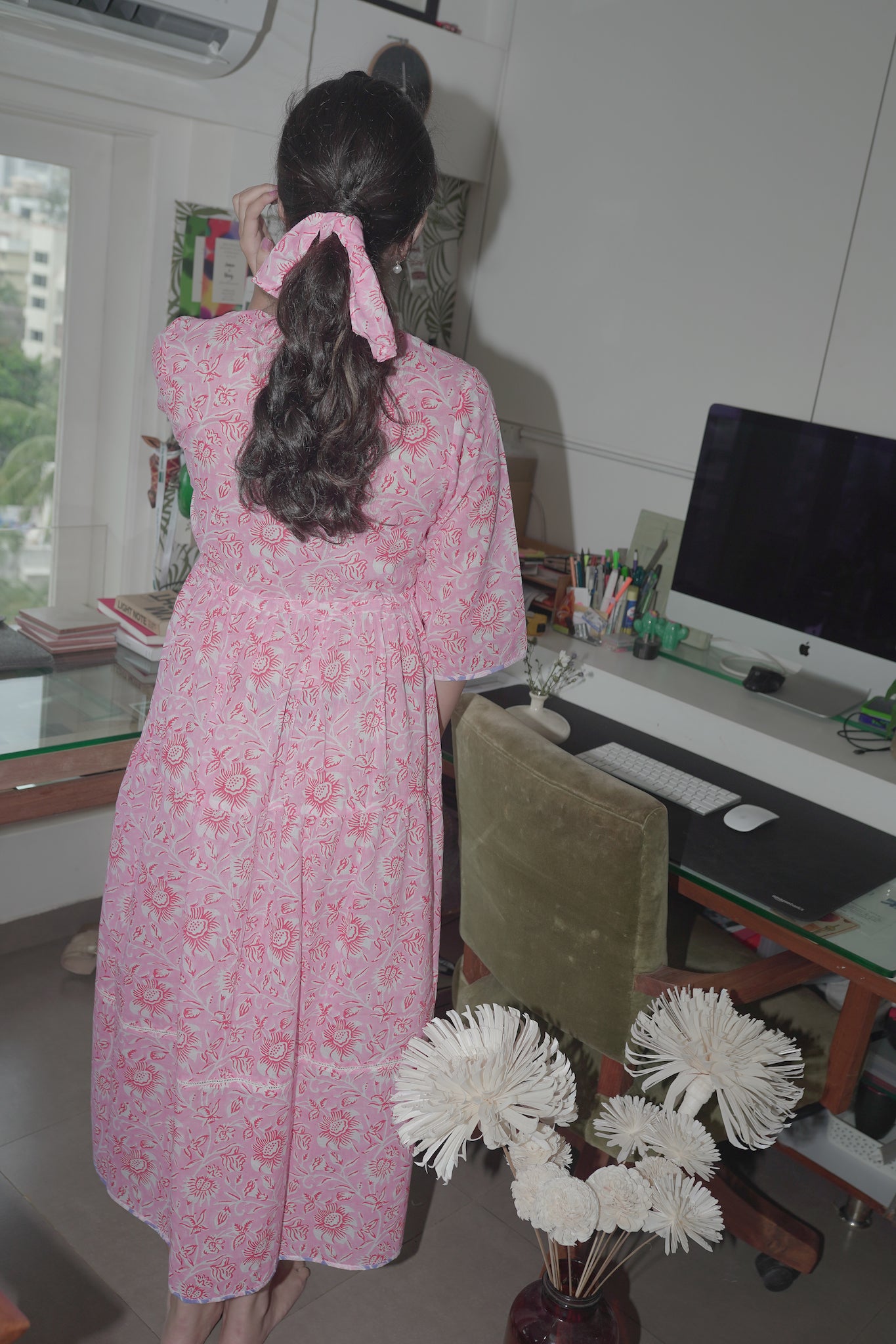 pink & red hand block printed maxi dress kaftan
