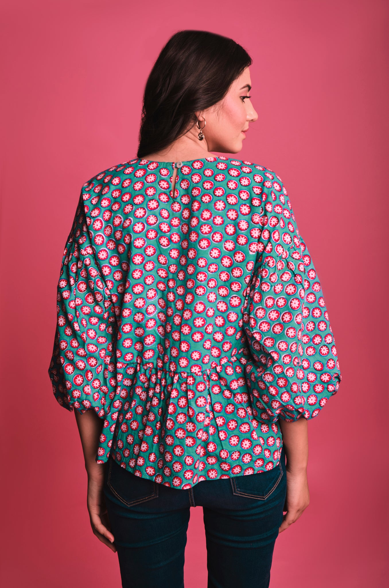green red cotton flared top with puffed sleeves