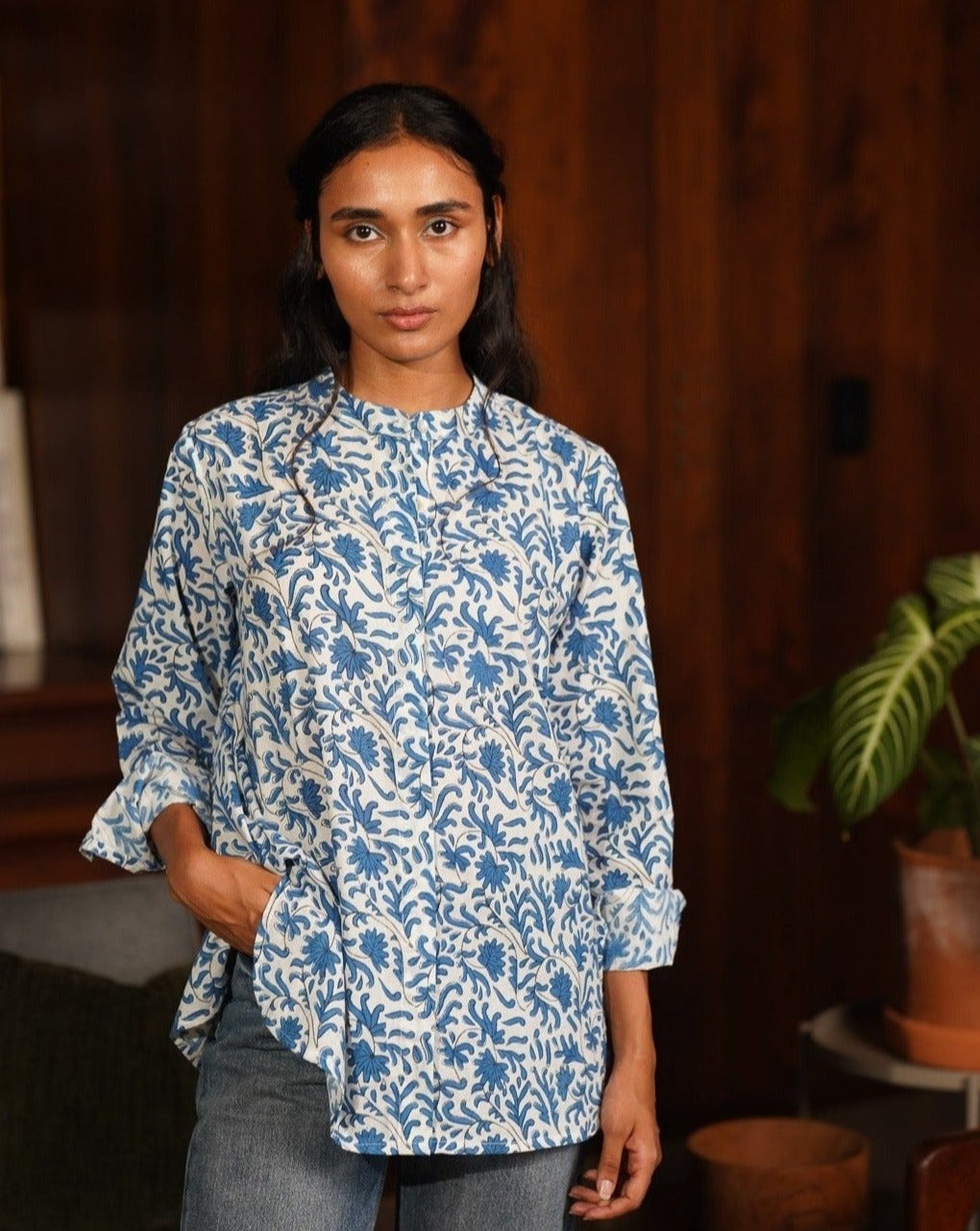 blue floral cotton shirt