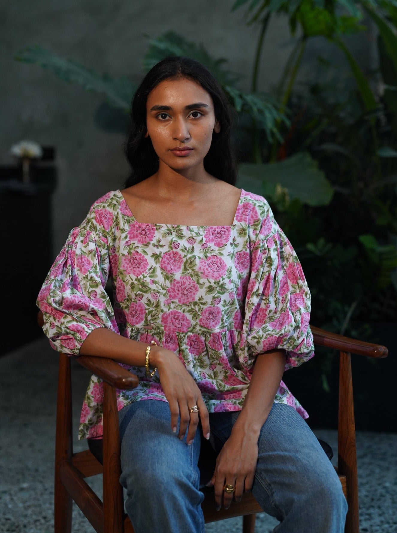 floral statement top with puff sleeves
