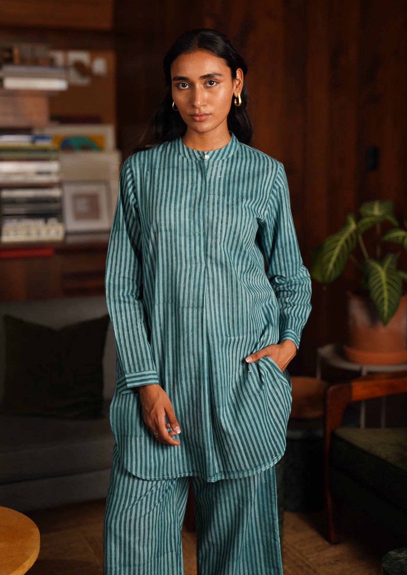green stripes lounge wear kurta shirt
