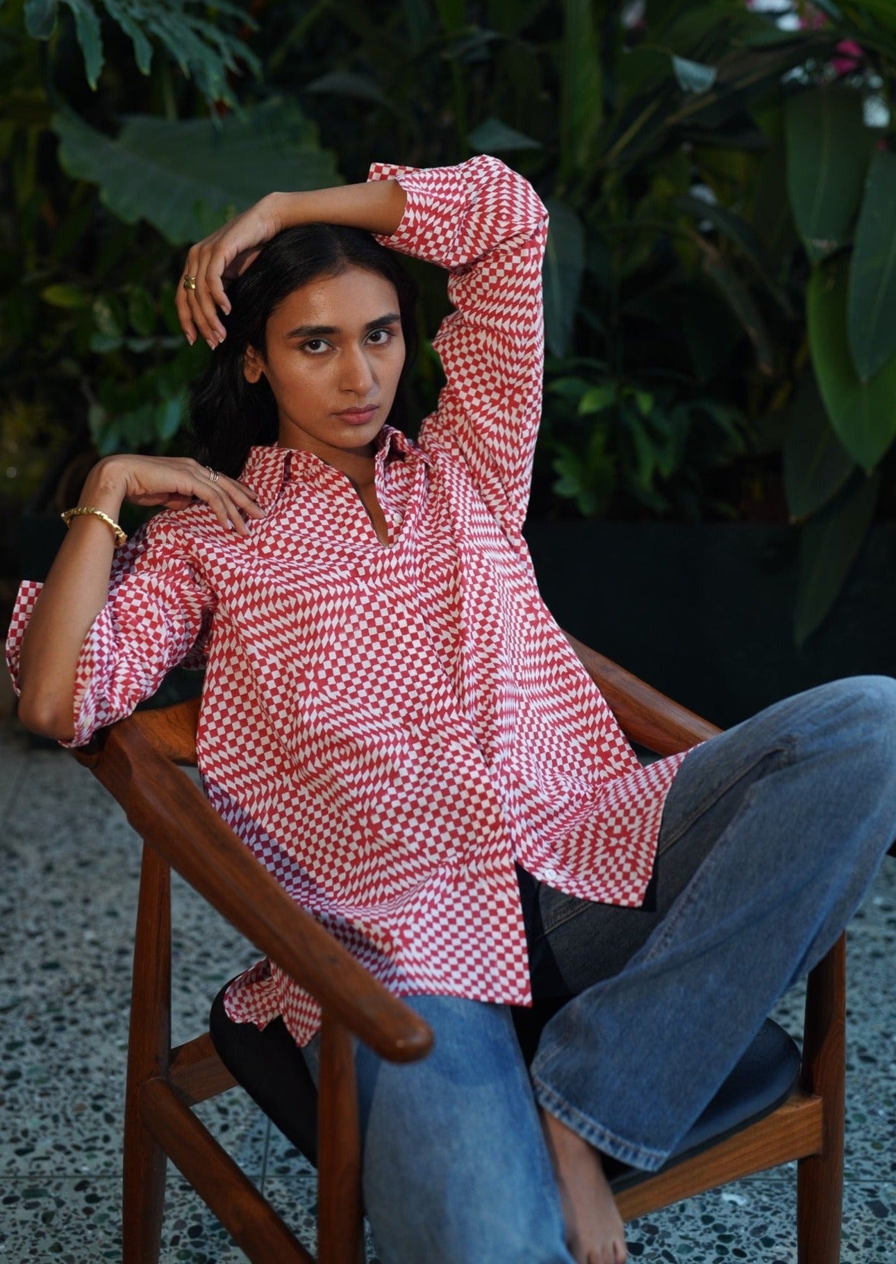 red abstract checks cotton shirt